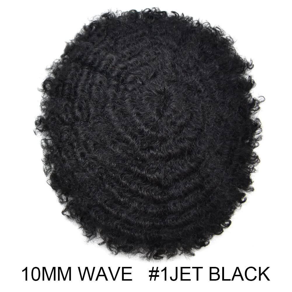 10x8 Afro Curly Men's Toupee - Full Poly African American Human Hair System for Black Men | Kinky Curly Wig Replacement (Afro Wavy 10mm, Jet Black) | Perfect for Daily Wear, Cosplay & Hair Loss Solutions