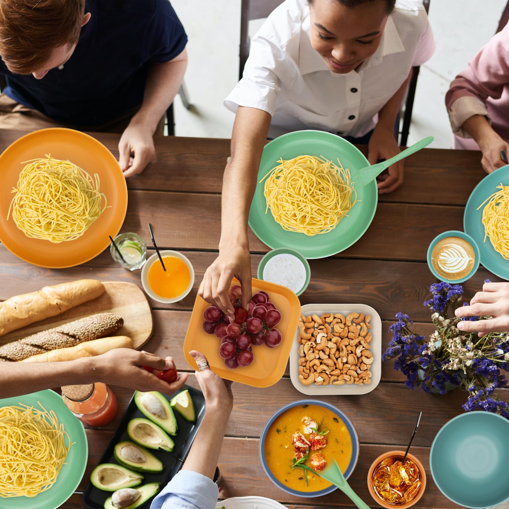 42-Piece Wheat Straw Dinnerware Set for 6 - Lightweight Unbreakable Plastic Plates & Bowls - Microwave & Dishwasher Safe - Perfect for Outdoor Dining, Picnics, and Everyday Family Meals