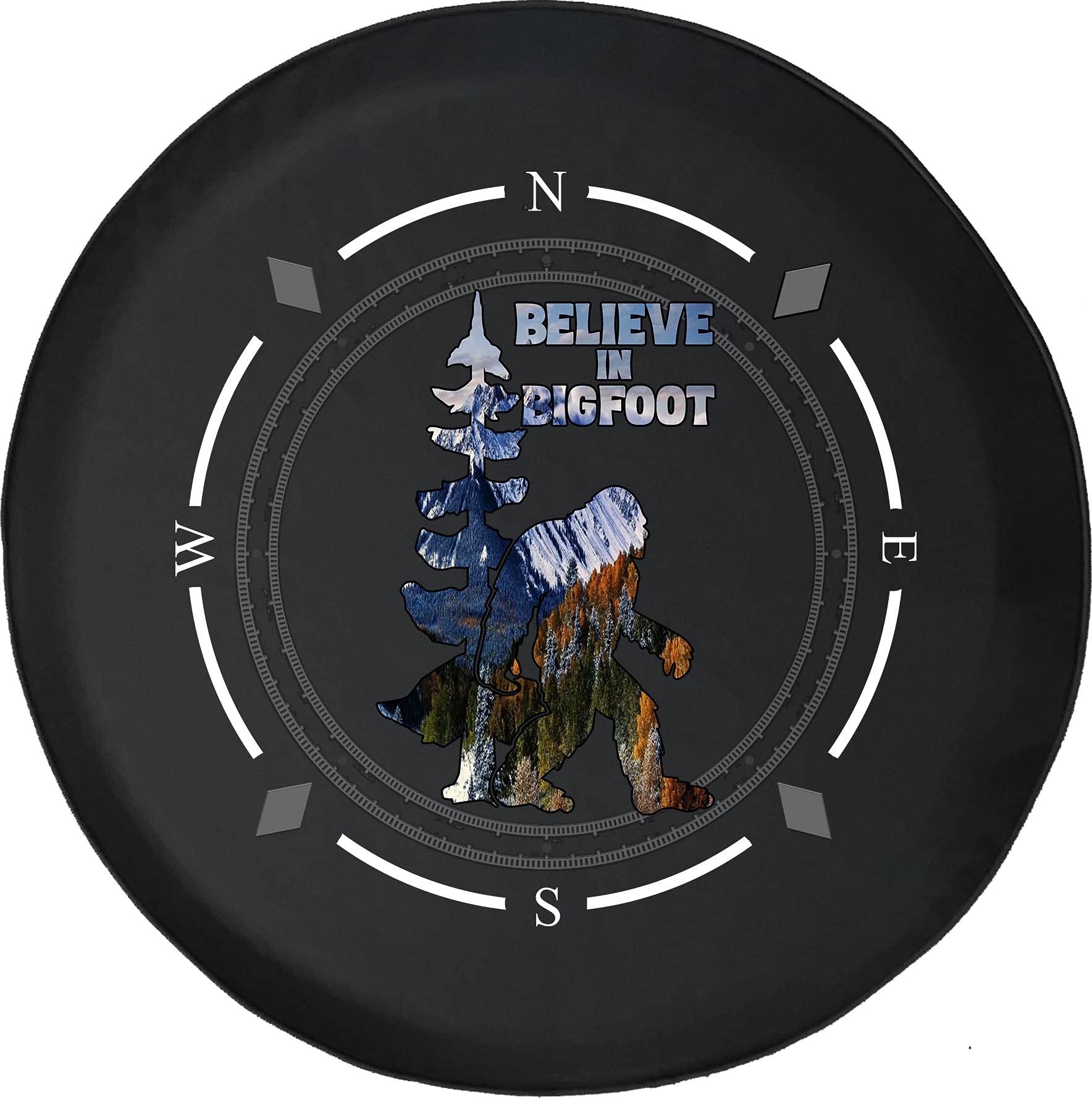 Pike Outdoors Spare Tire Cover with Compass Design - Bigfoot Mountain Trees Print - Universal Fit for SUV, Trailer, RV & Most Vehicles | Durable Wheel Protection for Off-Road Adventures & Camping Trips