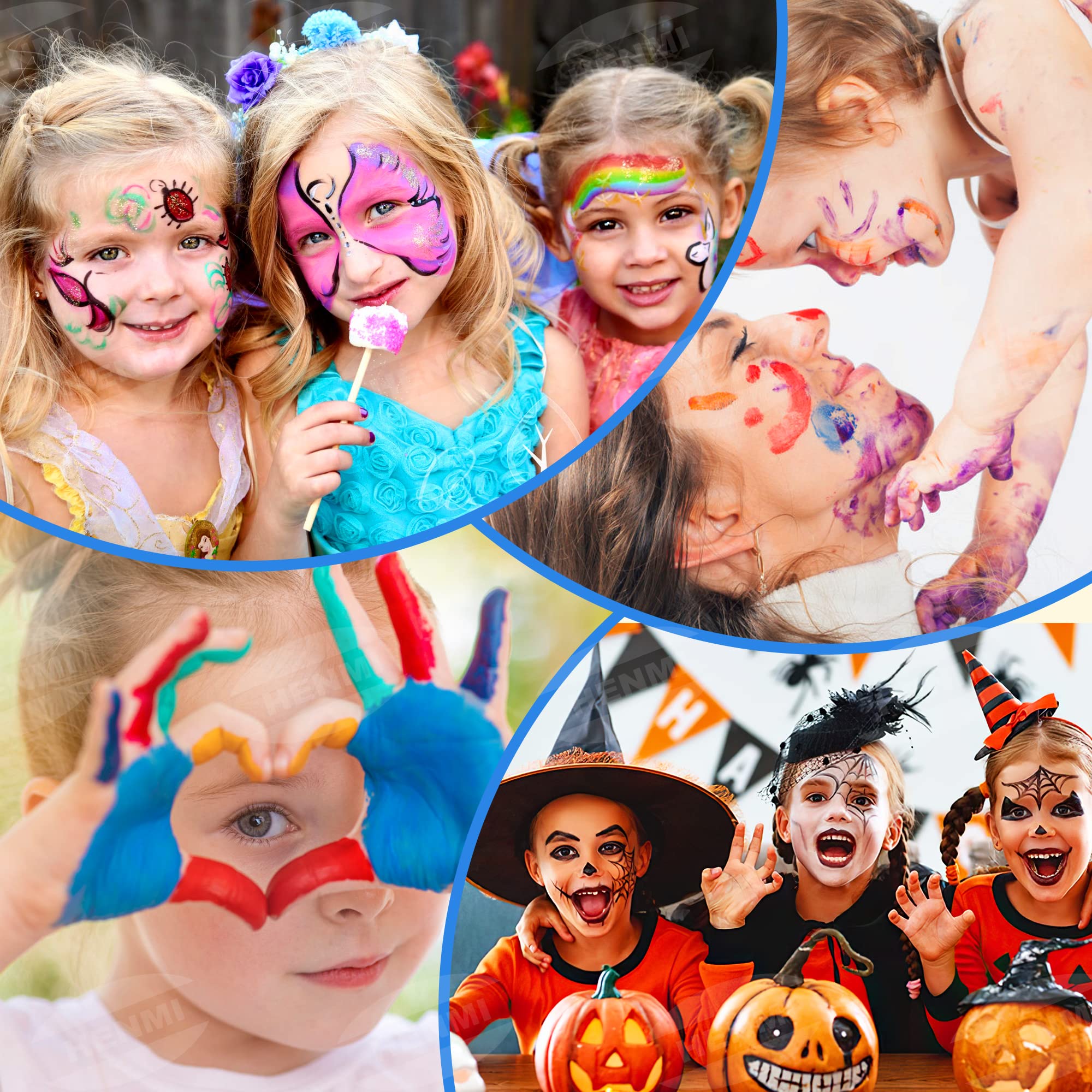 HENMI Face Paint for Kids - 16 Color Safe Carnival Makeup Kit for Halloween, Christmas & Birthday Parties - Non-Toxic & Washable Face Paint for Children's Costume & Party Makeup