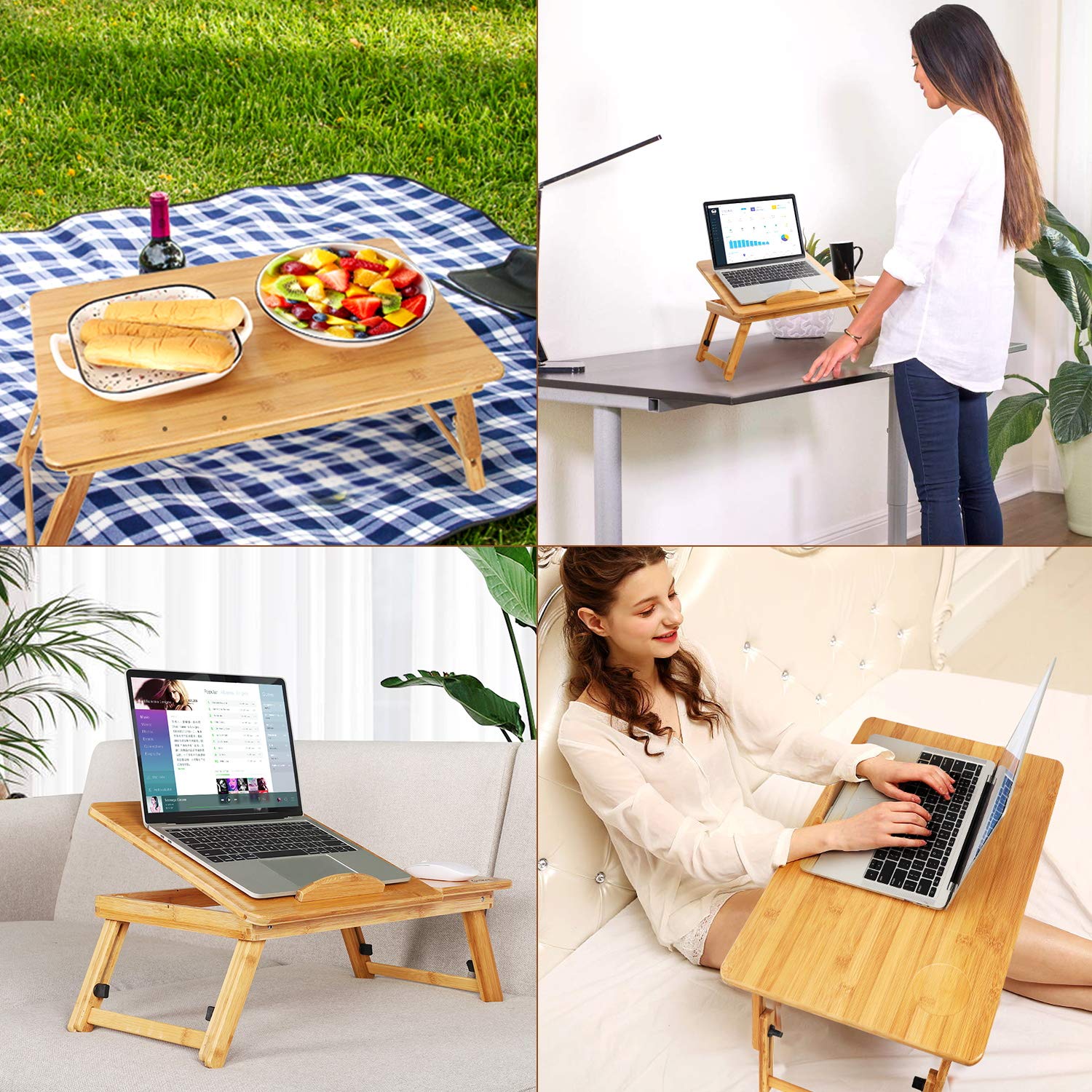 **Bamboo Adjustable Lap Desk with USB Cooling Fan - Portable Laptop Stand for Bed & Sofa, Fits 15.6 Inch Laptops - Perfect for Work, Study, Breakfast in Bed & Home Office**