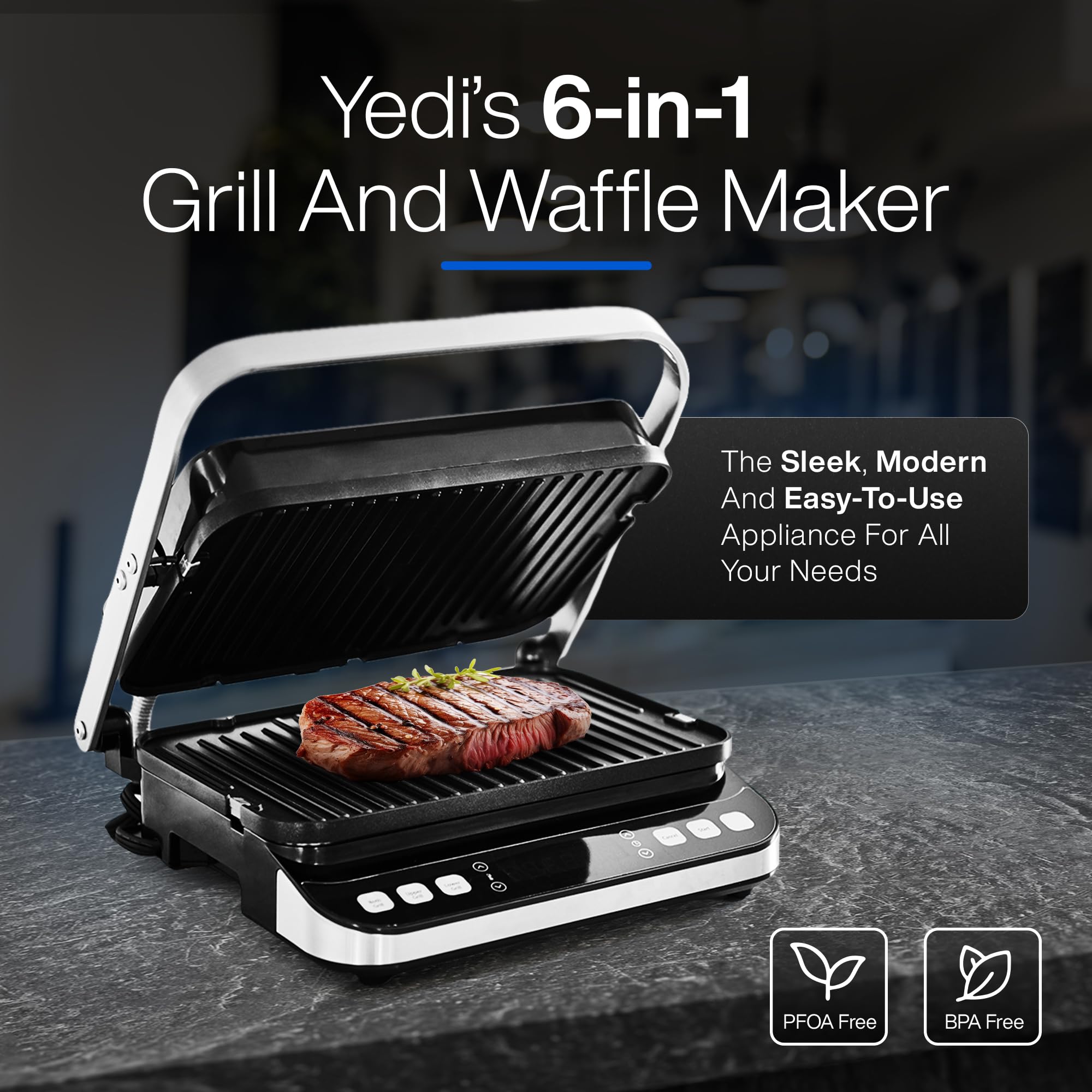 Yedi 6-in-1 Digital Indoor Grill & Waffle Maker - Electric Panini Press, Griddle with Removable Plates & Deluxe Accessory Kit - Perfect for Family Breakfast, BBQ Parties & Healthy Cooking at Home