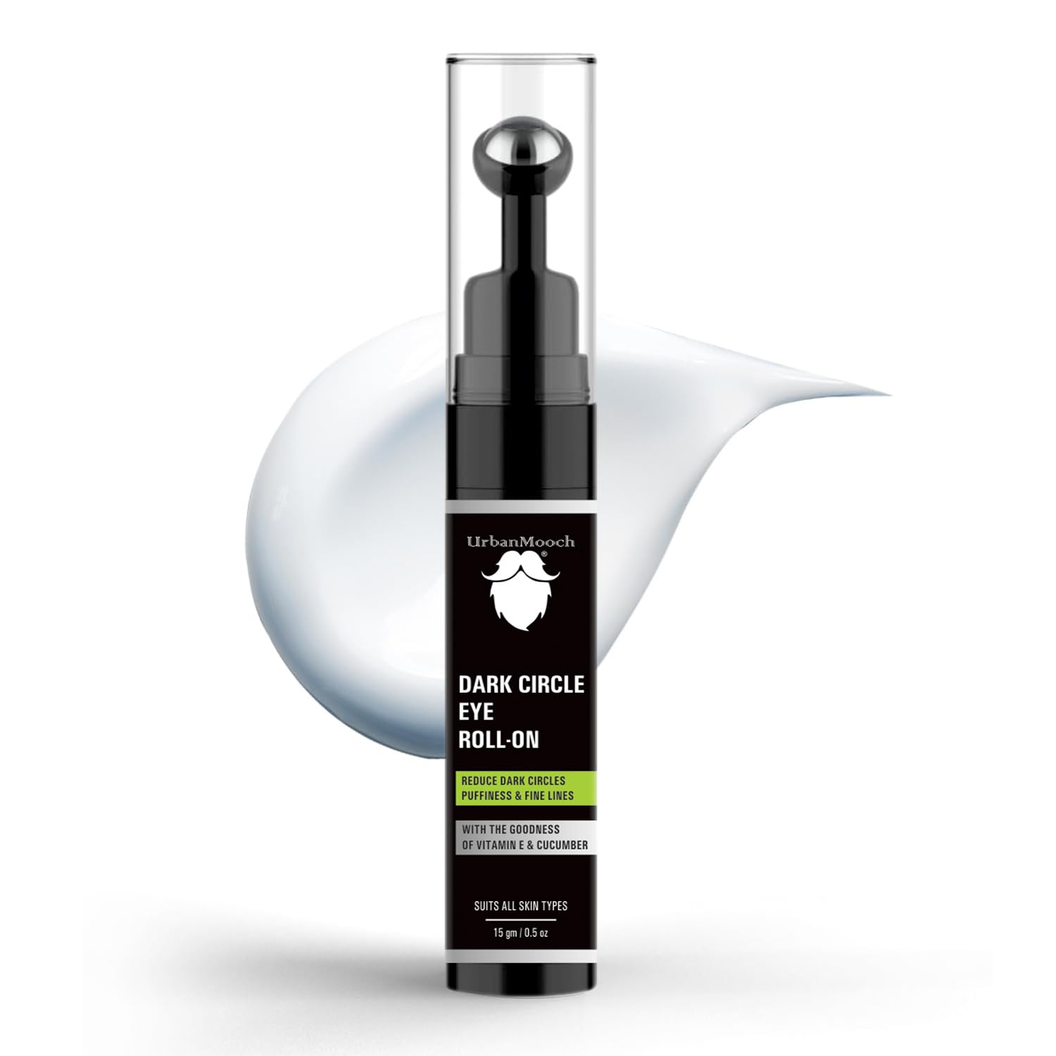 UrbanMooch Under Eye Cream for Men - Dark Circle Treatment with Cooling Massage Roller | Reduces Puffiness & Fine Lines | Enriched with Vitamin E, Ginseng Extract & Retinol | 15g | Perfect for Morning Routine & Night Care