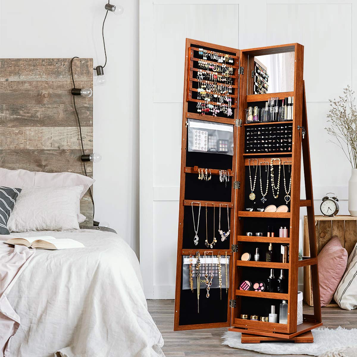 CHARMAID 360° Swivel Jewelry Armoire with Full-Length Mirror - Lockable Standing Jewelry Cabinet Organizer with Large Storage, Makeup Mirror & Back Shelves (Walnut) - Perfect for Bedroom, Closet & Dressing Room Organization