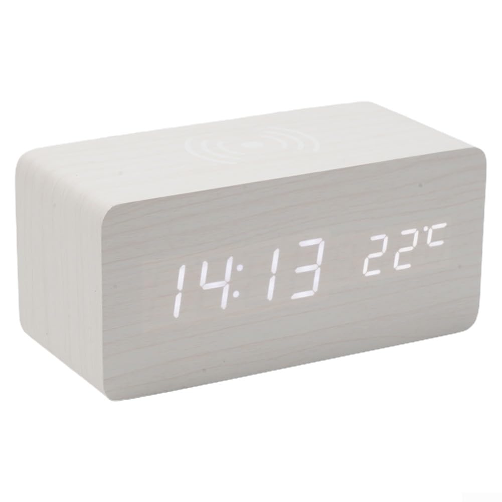 Wireless Charging Digital Alarm Clock with Temperature Display - Wooden Design for Bedroom, Office & Travel | Nightstand Essential for Home Decor