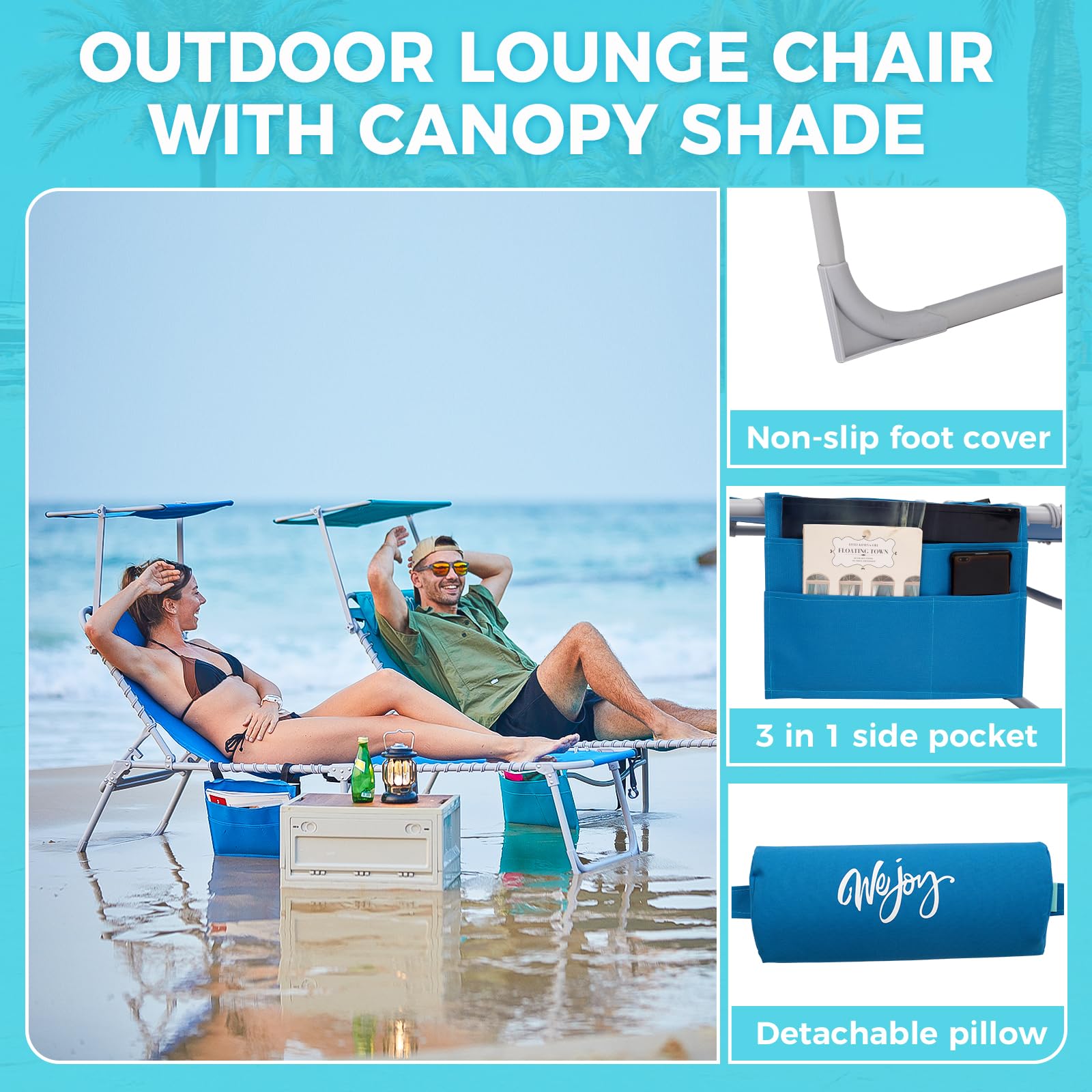 WEJOY Adjustable Folding Chaise Lounge Chair with Canopy Shade & Headrest Pillow - Portable Outdoor Sunbathing Chair for Beach, Pool, Lawn, Camping & Backyard Relaxation | Perfect for Tanning, Lounging & Reading by the Water