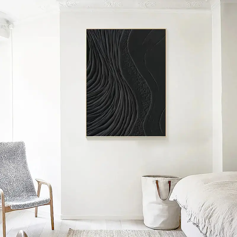 Black Minimalist Textured Painting Canvas - Modern Abstract Wall Art Decor for Living Room, Bedroom & Office | Premium Quality #MZ002