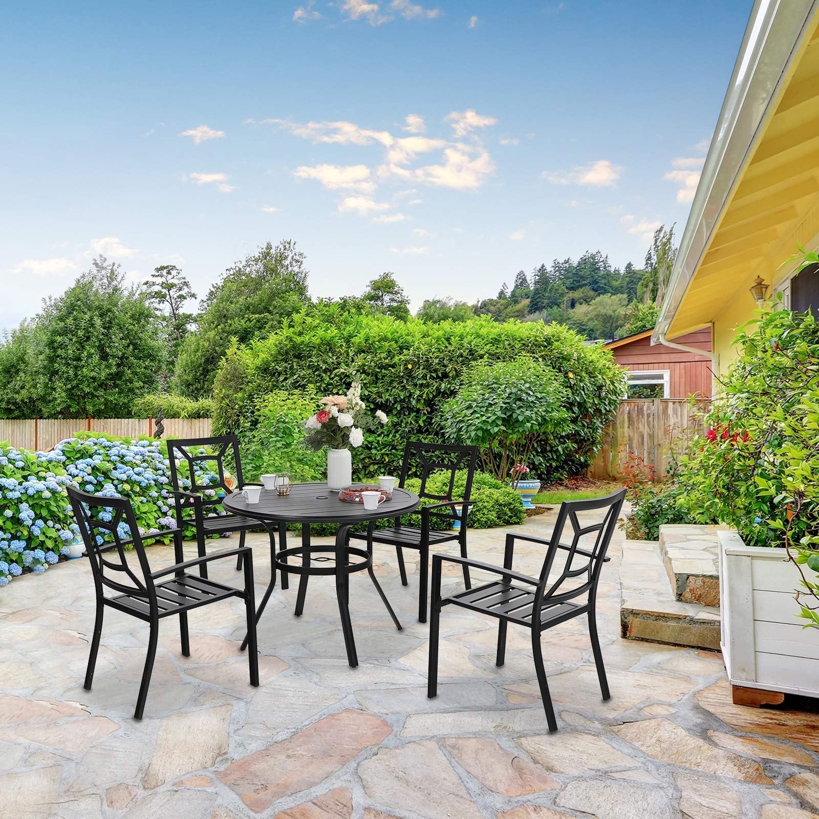 Sophia & William 5-Piece Black Outdoor Patio Dining Set - Round Bistro Table & 4 Stackable Metal Chairs for Garden, Deck, or Backyard | Weather-Resistant Outdoor Furniture