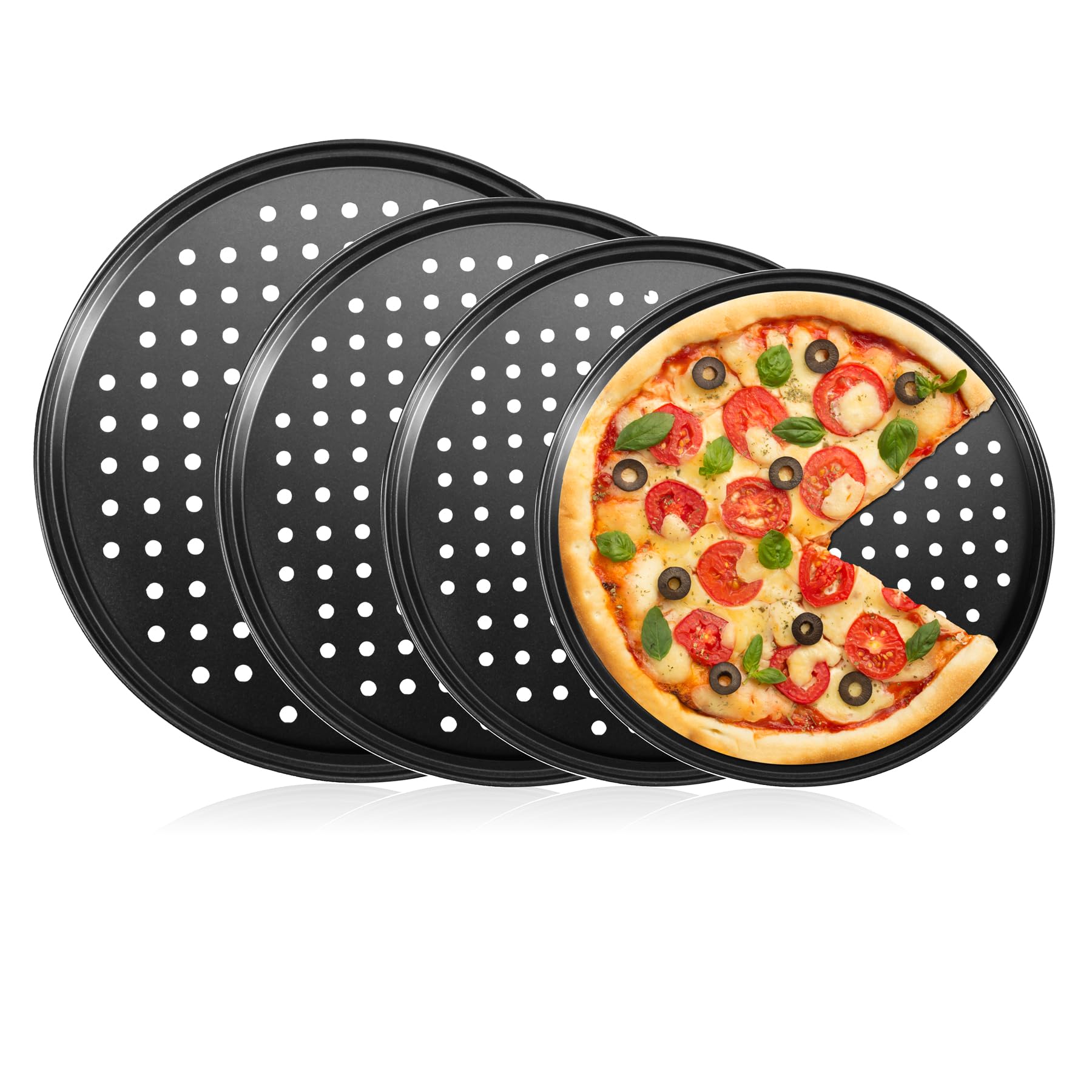 4-Piece Round Perforated Non-Stick Pizza Pan Set (9/10/11/12 Inch) - Perfect for Baking Crispy Crust Pizzas in Oven - Ideal for Home Kitchens, Restaurants & Pizza Parties