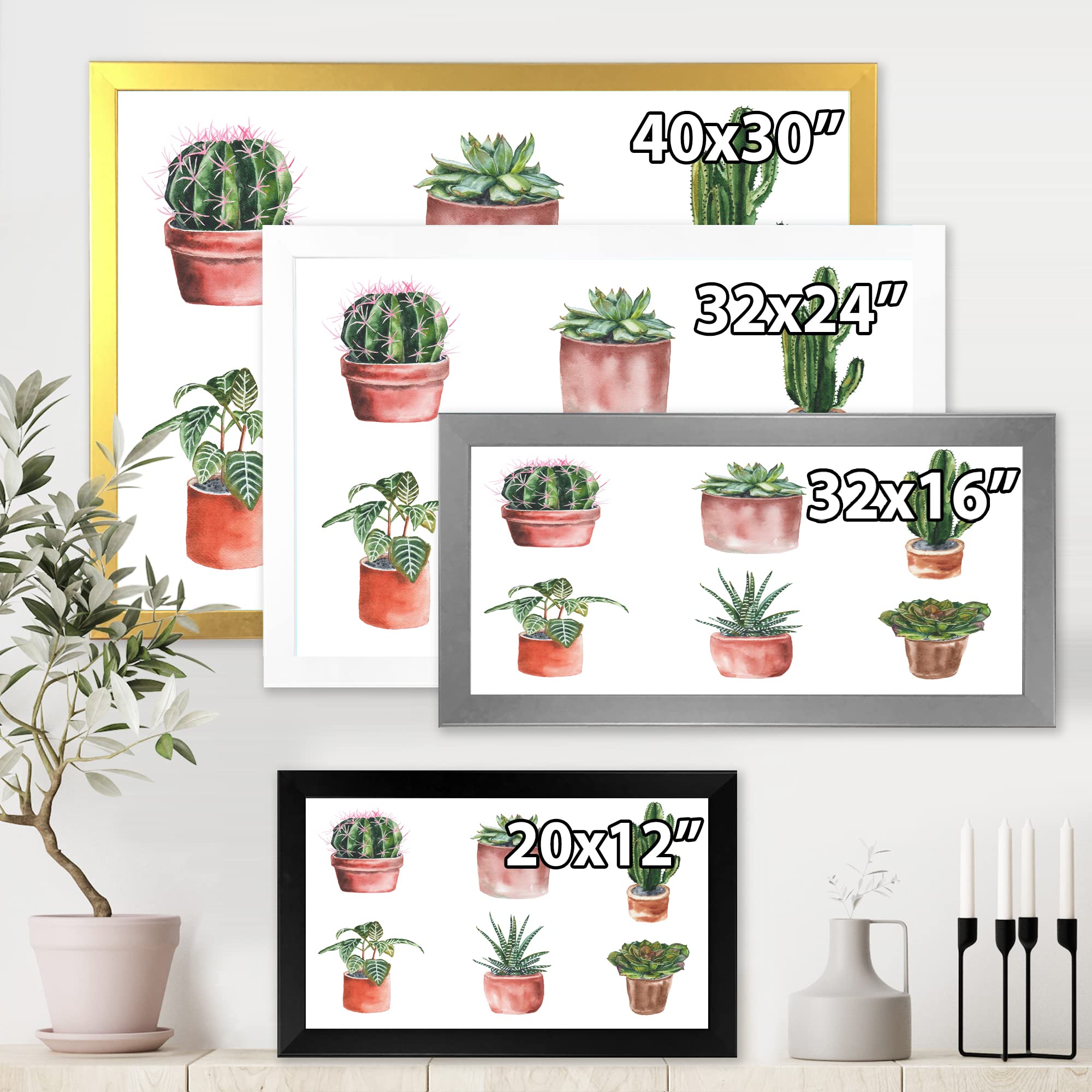 DesignQ Flowers In A Pot Cacti and Succulents Traditional Framed Wall Art - Home & Office Decor for Living Room, Bedroom, Kitchen
