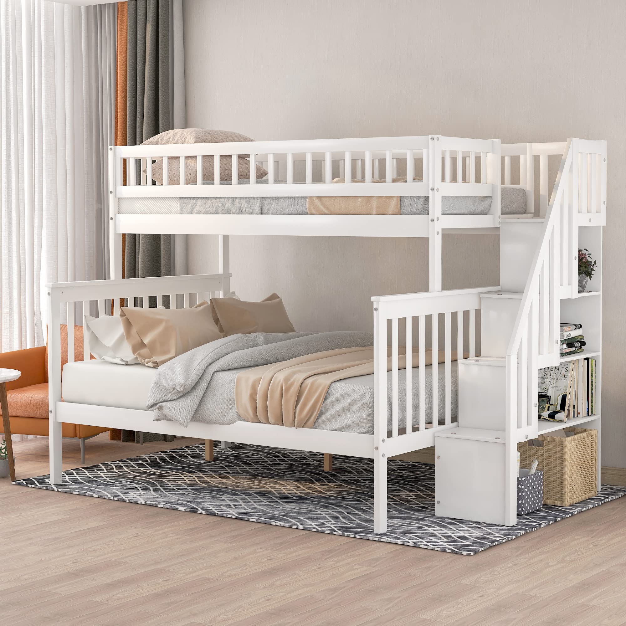 MERITLINE Twin Over Full Bunk Bed with Stairs - Solid Wood Stairway Bunk Bed with Storage & Guard Rail for Kids, Teens & Adults - White - Perfect for Small Bedrooms, Guest Rooms & Vacation Homes