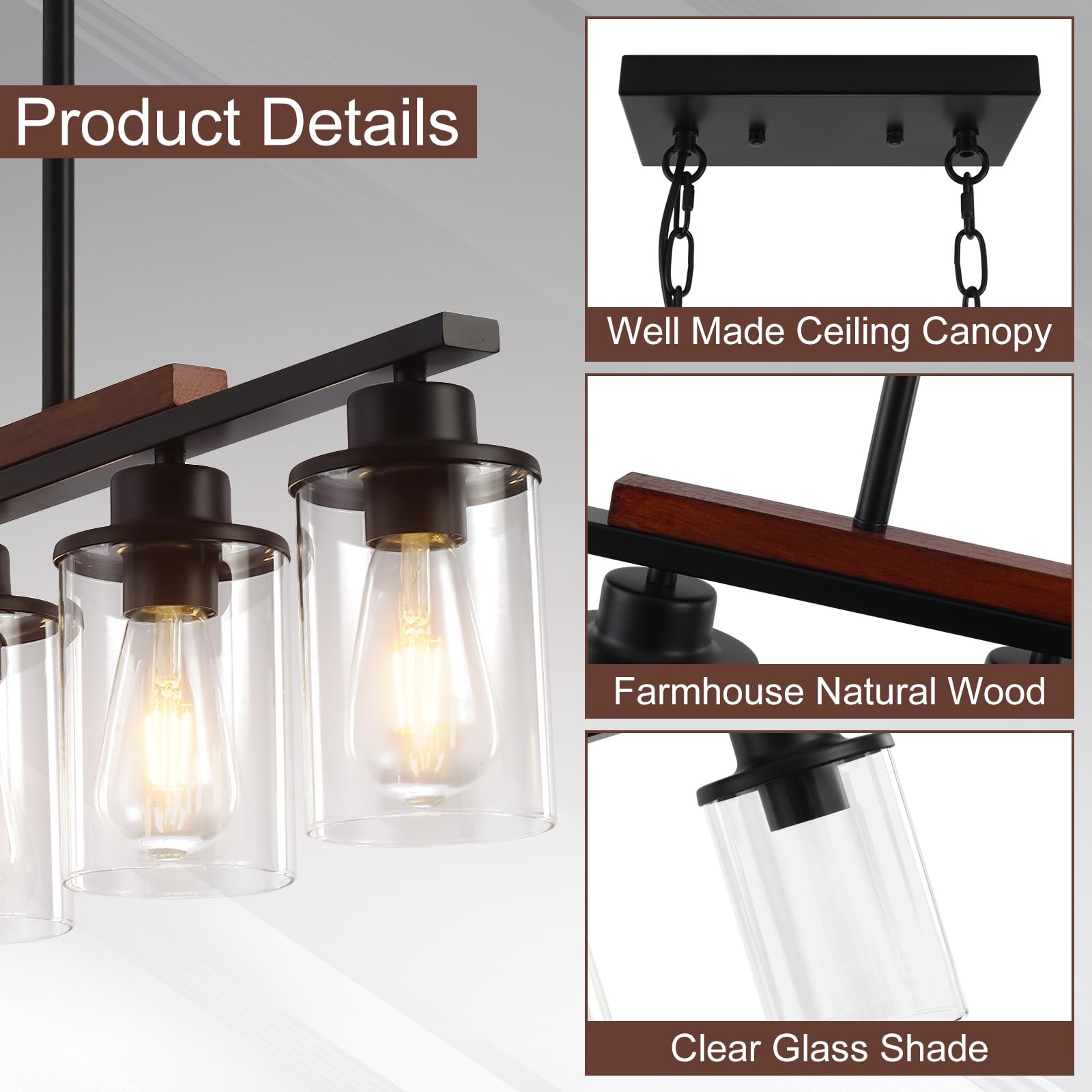 5-Light Black Farmhouse Chandeliers with Clear Glass Shade and Wood - Linear Ceiling Pendant Light Fixtures for Dining Room and Kitchen Island Lighting, Perfect for Modern and Rustic Home Decor