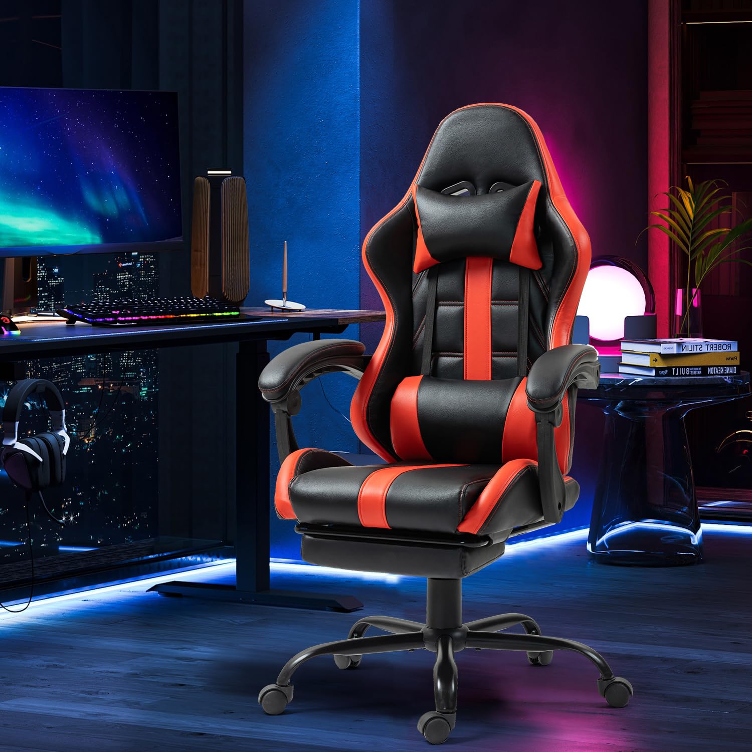 ECOTOUGE Ergonomic Massage Gaming Chair with Footrest - Adjustable High Back Office Desk Chair with Headrest & Lumbar Support, 360° Swivel - Perfect for PC Gaming, Home Office & Relaxation (Red)