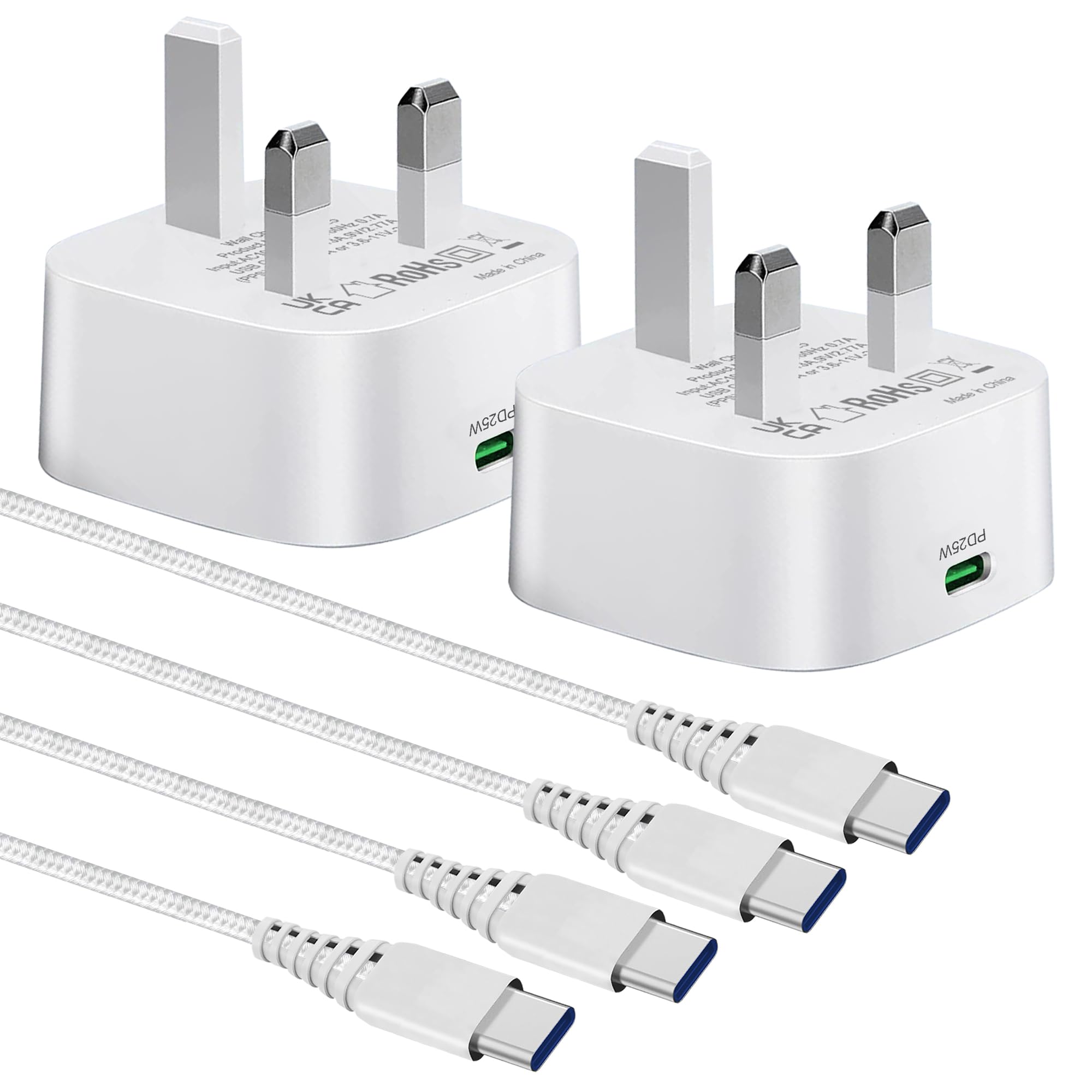 2-Pack 25W Super Fast USB C Charger & Cable for Samsung Galaxy S23/S24/S22/S21/S20/A54/A15/A25/A55 5G - UK Type C Wall Adapter - Perfect for Home, Office & Travel Charging