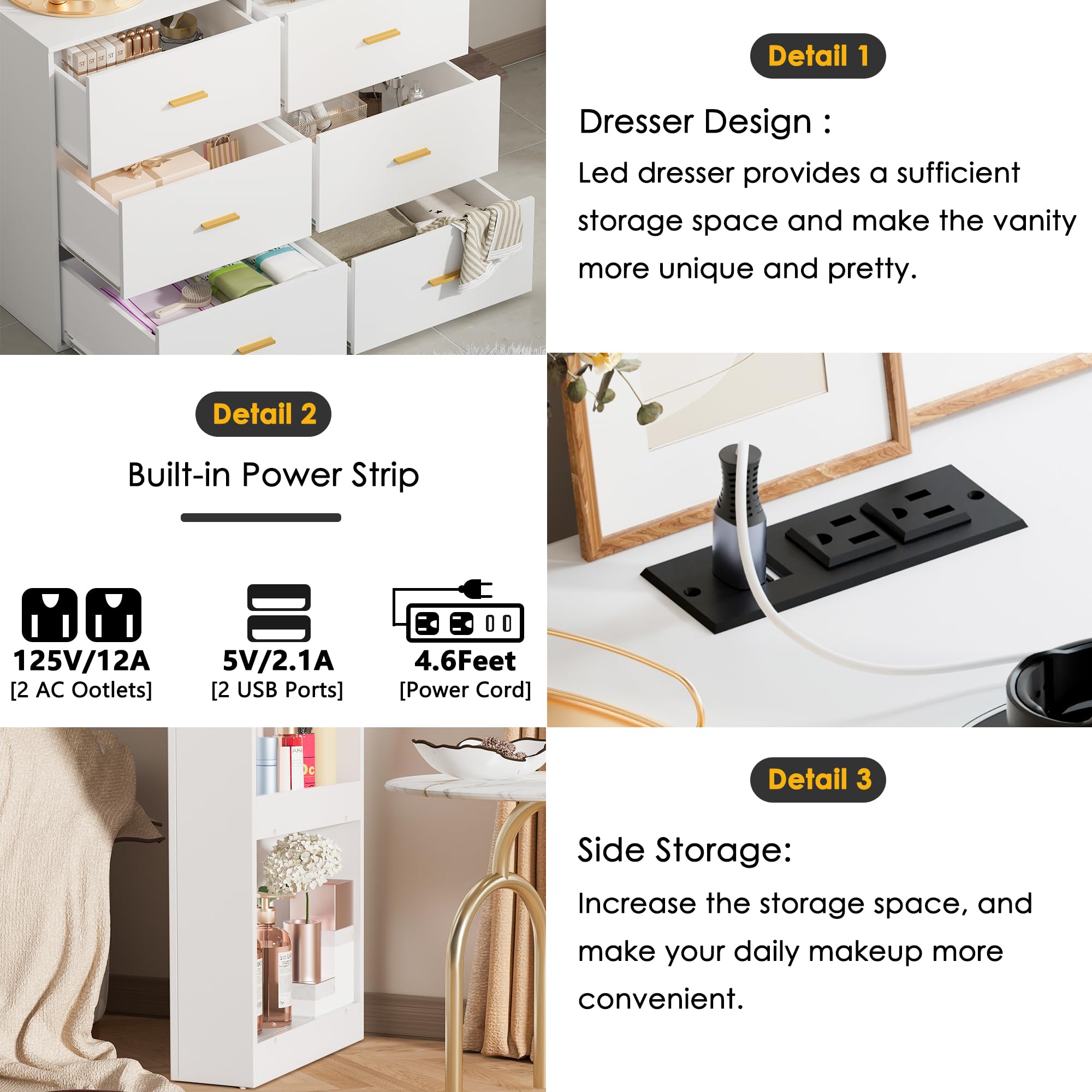 PakaLife Vanity Desk with Mirror, Lights & Charging - 6 Drawers for Bedroom Makeup