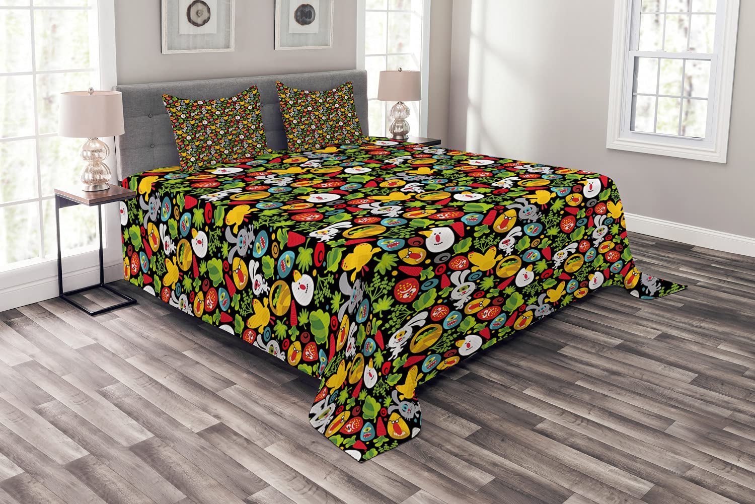 Ambesonne Easter Bedspread Set - King Size 3-Piece Quilted Coverlet with 2 Pillow Shams, Charcoal Grey Multicolor Cartoon Design Featuring Ornamental Eggs, Bunnies & Forest Animals - Perfect for Spring Decor, Holiday Bedding & Cozy Home Styling