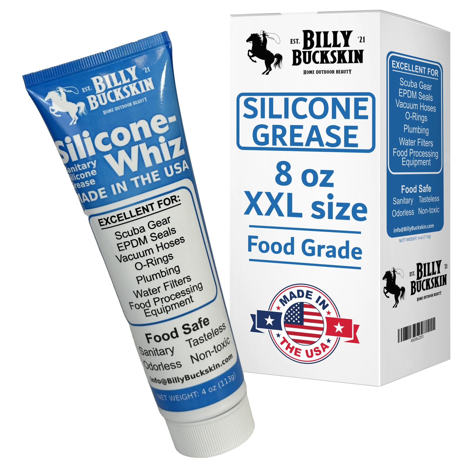 8 Oz. Tube Silicone-Whiz XXL Food Grade Silicone Grease - Sanitary Lubricant for O-Rings, Valves & Machinery | NSF Certified Plumber's Grease & Diving Lube by Billy Buckskin Co | Perfect for Kitchen Appliances, Pool Equipment & Industrial Use