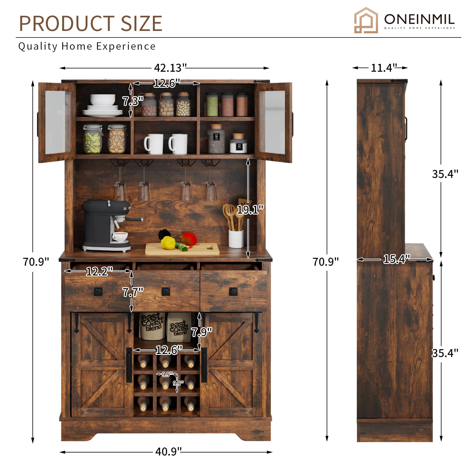 72'' Farmhouse Coffee Bar Cabinet with Storage - 3 Drawers, Sliding Barn Doors, Sideboard Buffet & Pantry Cabinet for Kitchen (Brown) | Perfect for Dining Room, Living Room & Home Bar Setup