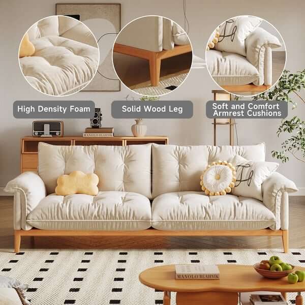 Modern 3-Seater Sofa - Beige Solid Wood Frame with Cotton Linen Upholstery - Perfect for Living Room, Lounge & Home Office Comfort