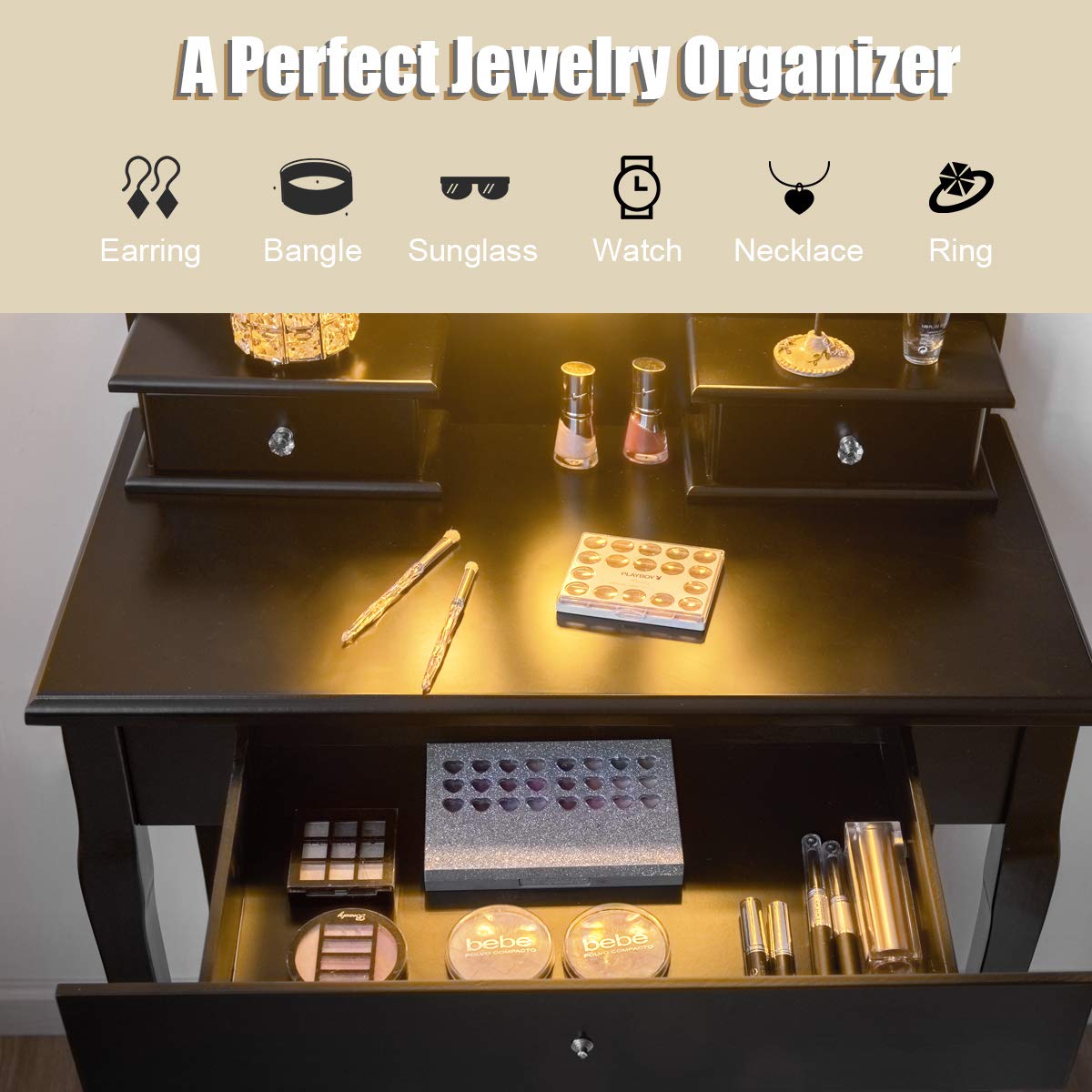 GOFLAME Vanity Table Set with 360° Rotating LED Makeup Mirror, 3-Drawer Dressing Table & Cushioned Stool - Elegant Black Bedroom Vanity for Women & Girls | Perfect for Makeup, Skincare & Hair Styling