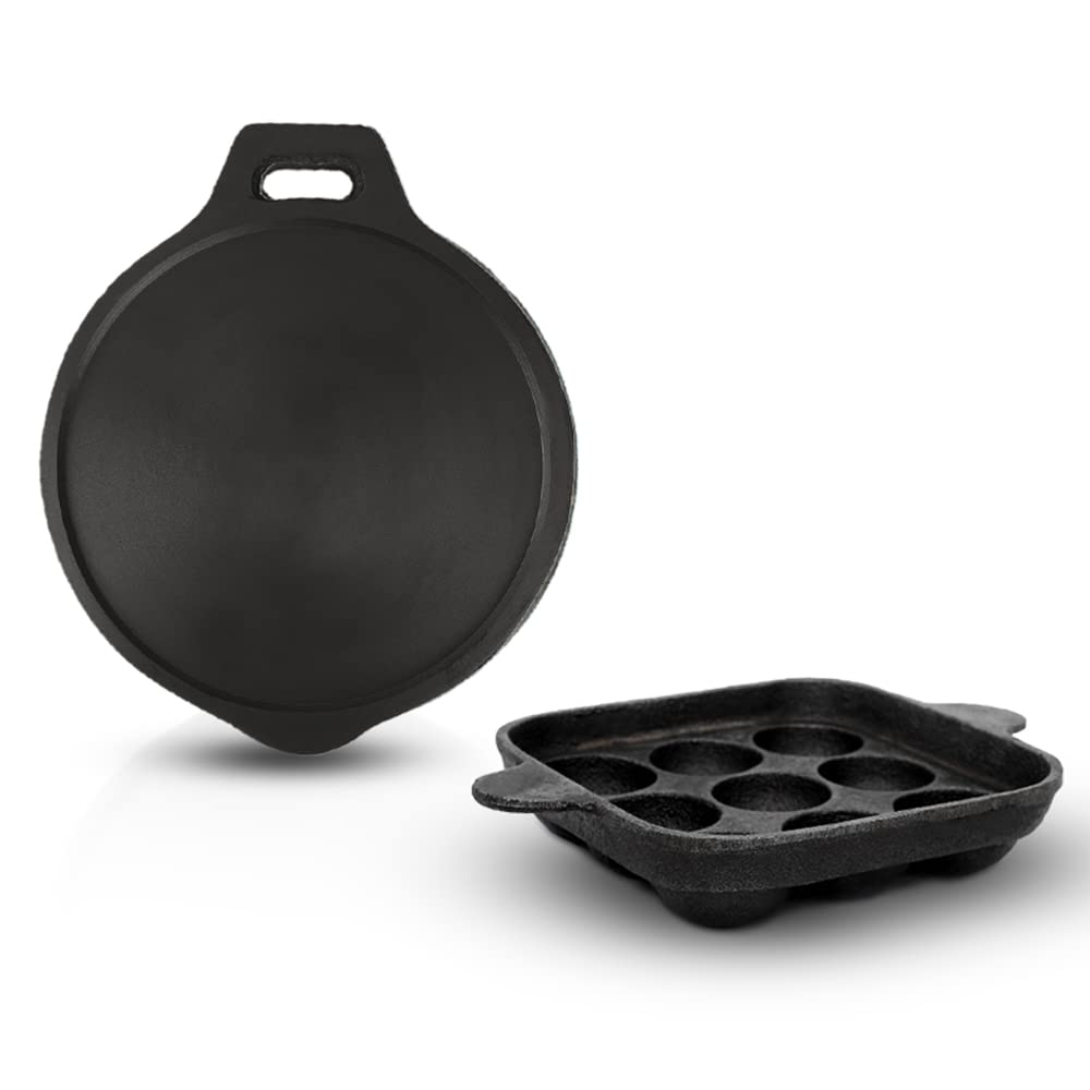 Pre-Seasoned Cast Iron Breakfast Combo Set - 23cm Round Smooth Tawa & 9-Cavity Square Paniyaram Pan (Paddu Maker) | Natural Cookware for Pancakes, Dosas & Indian Breakfast | Perfect for Home Cooking & Outdoor Camping