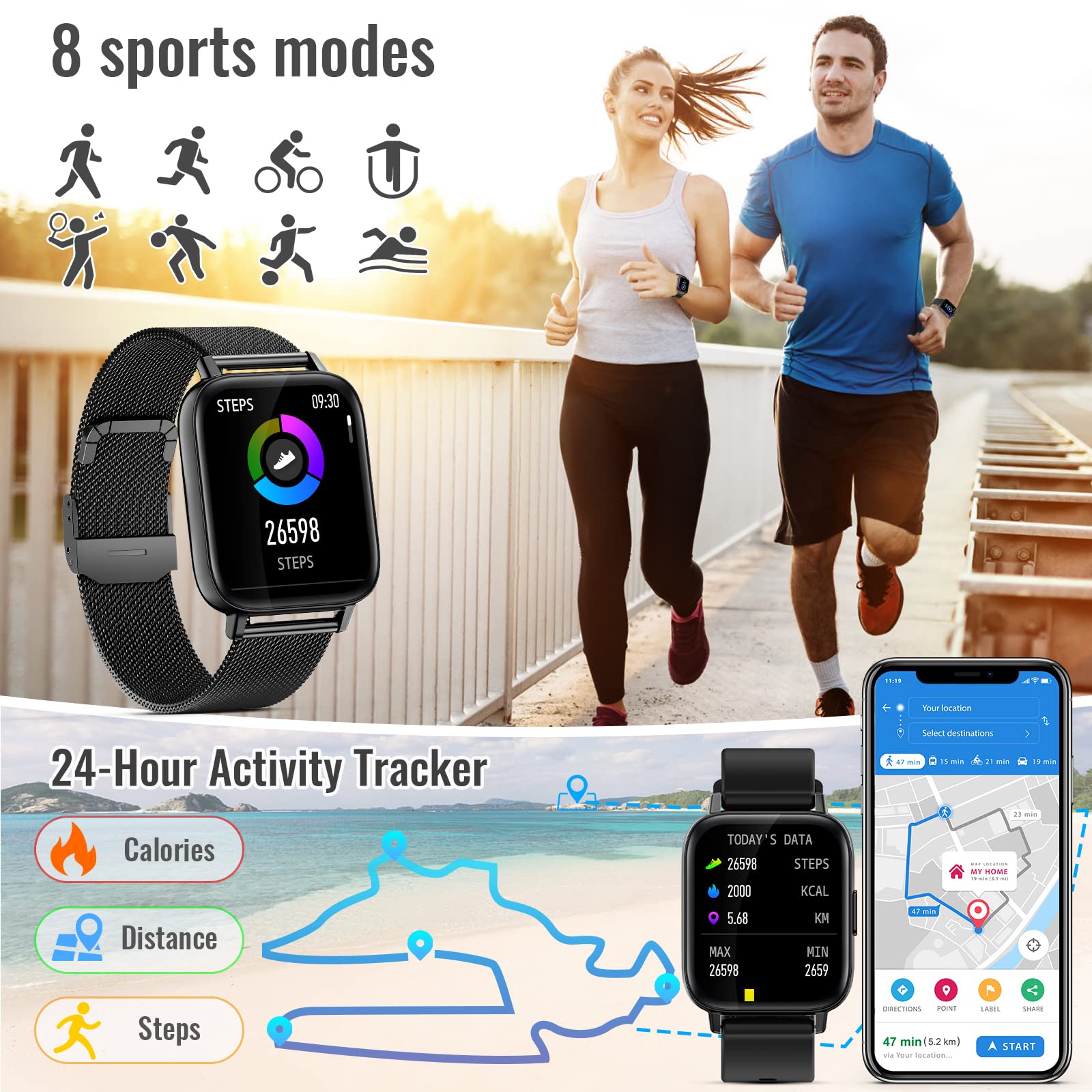 Smart Watches for Men & Women - Bluetooth Fitness Tracker with Heart Rate, Blood Pressure & Sleep Monitor - Waterproof Activity Watch for Android & iOS - Receive Calls & Texts - Perfect for Running, Swimming & Daily Use