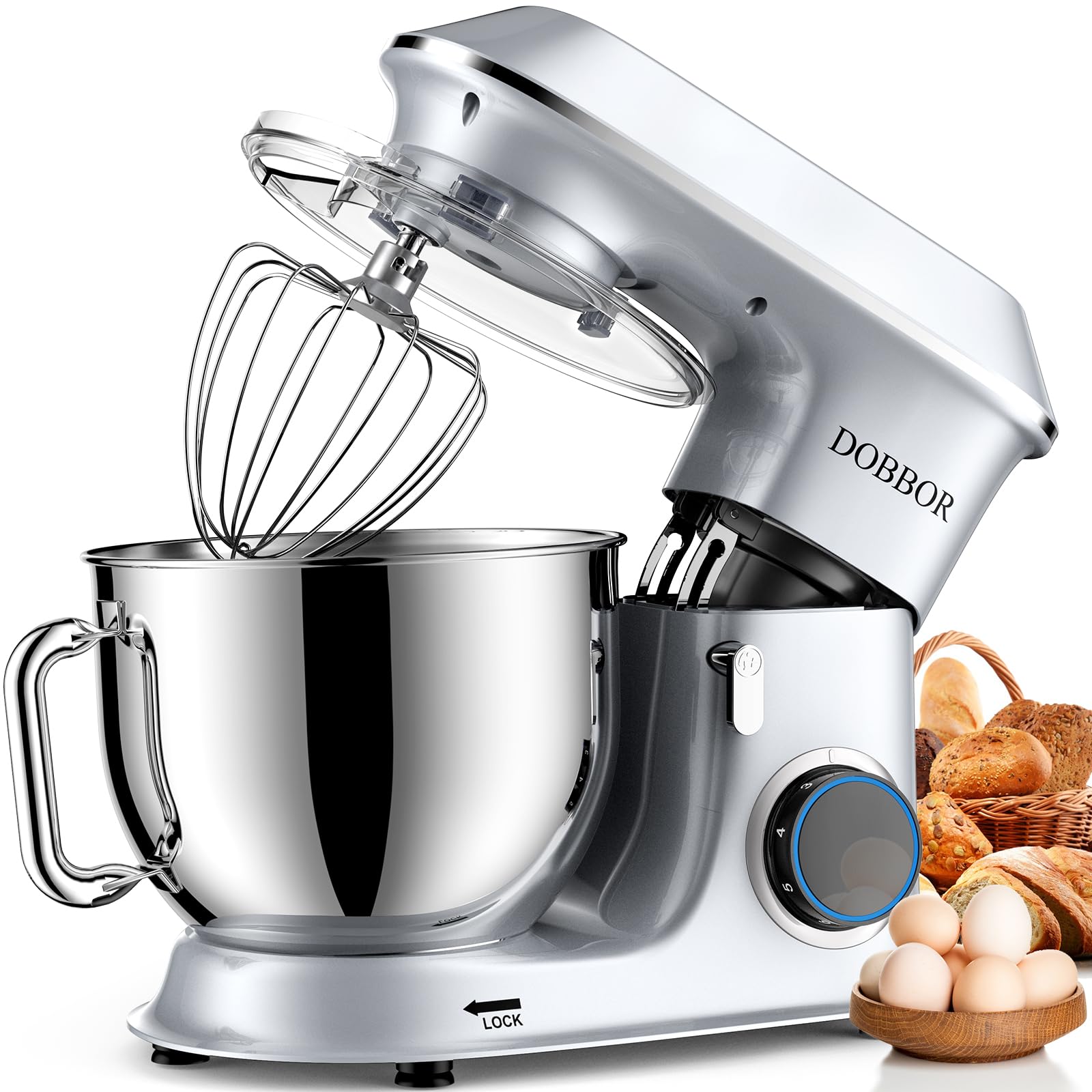 DOBBOR 9.5QT 660W Electric Stand Mixer - 7-Speed Tilt-Head Dough Mixer with Dough Hook, Whisk & Beater - Perfect for Baking Bread, Cakes, Cookies, Pizza & Muffins - Silver | Ideal for Home Bakers & Professional Kitchens