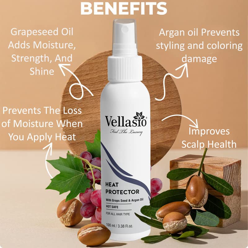 VELLASIO Classic Heat Protection Hair Spray with Argan Oil & Grapes Seed - Thermal Shield for Straighteners & Styling Tools - White Bottle (Pack of 1) - Perfect for Daily Heat Styling & Frizz Control