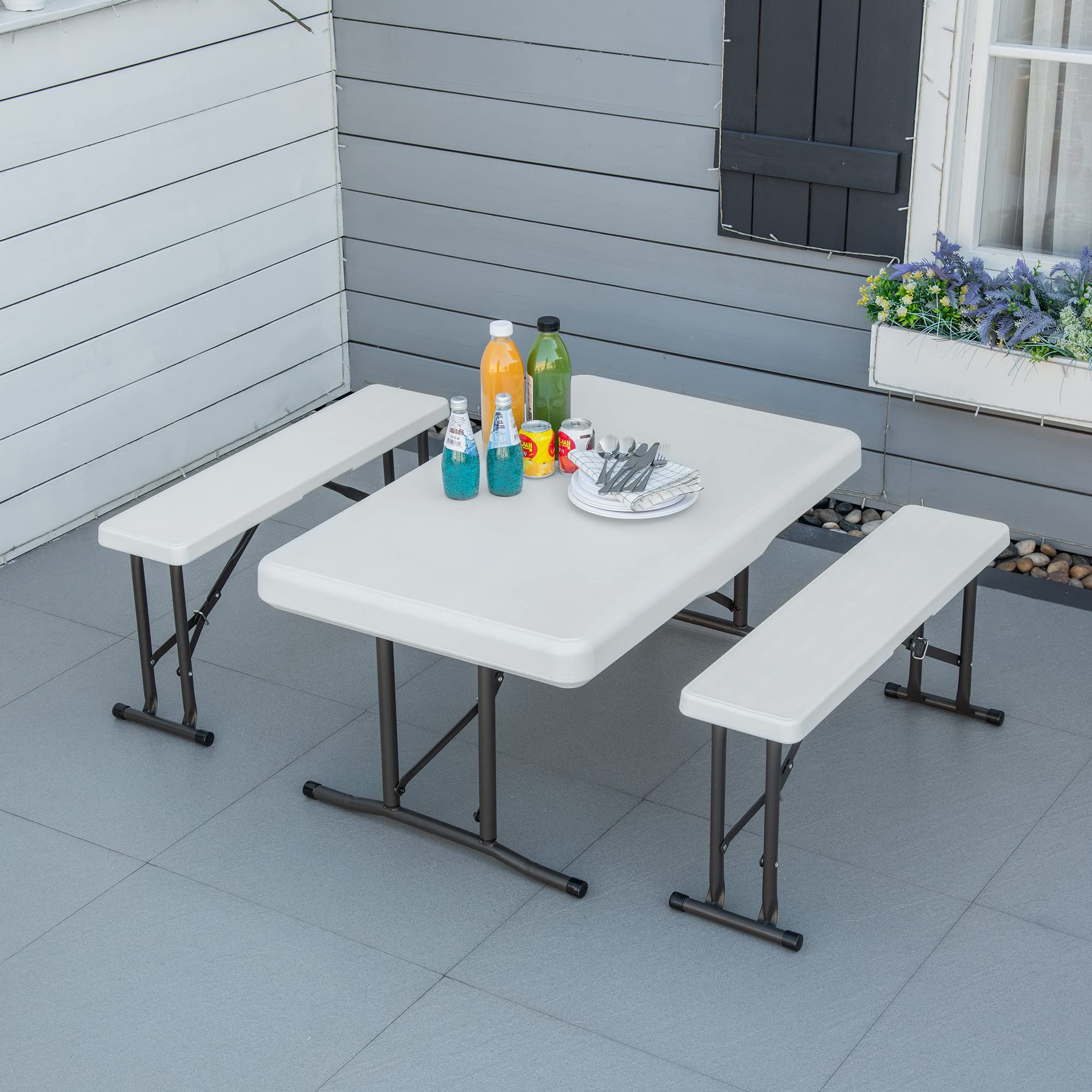 Outsunny 40 Inch Folding Picnic Table Set with 2 Benches - 3 Piece Outdoor Biergarten Style Foldable Beer Garden Table, Lightweight Durable Plastic, White - Perfect for Backyard BBQs, Patio Parties & Camping