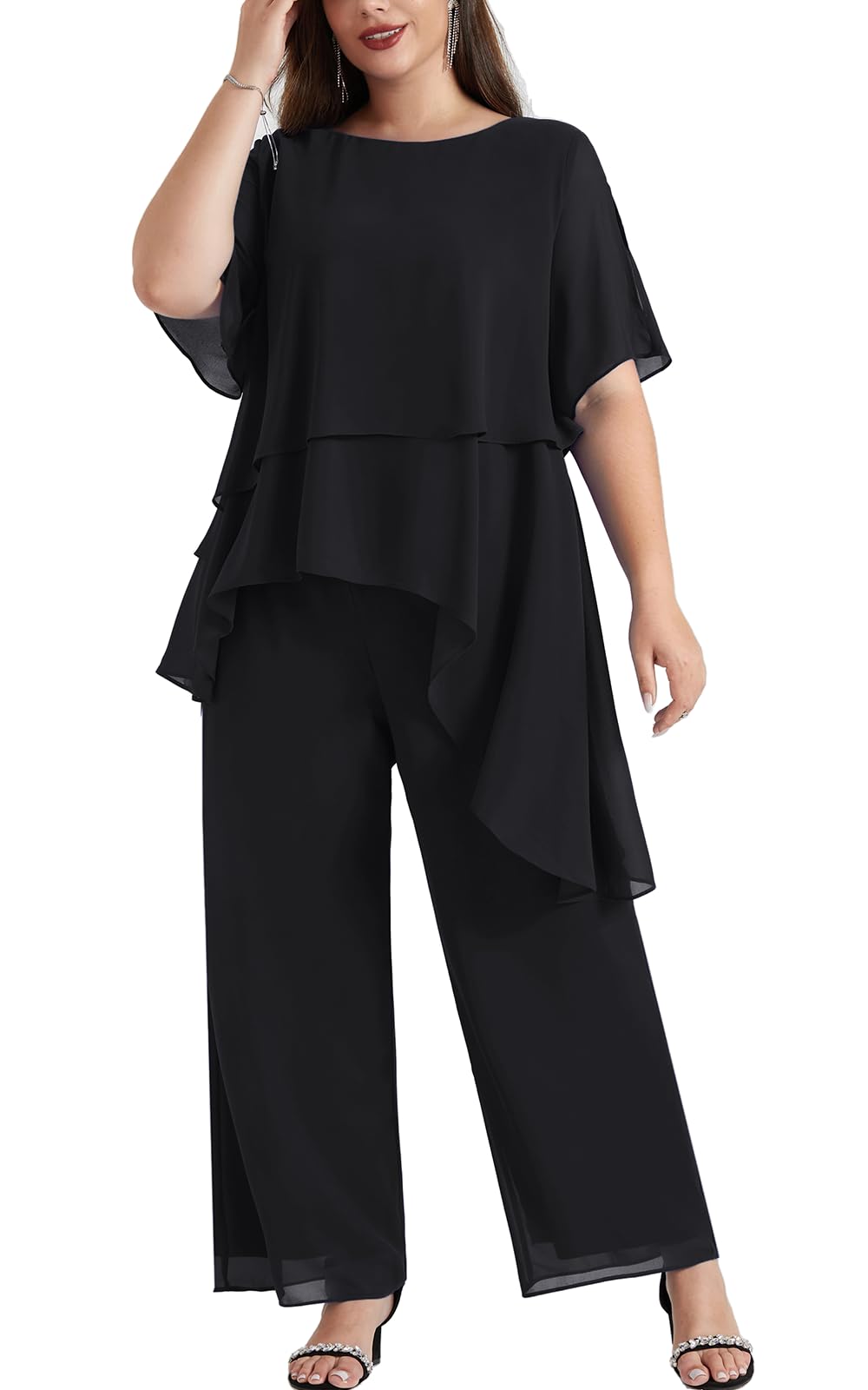 Hanna Nikole 2025 Plus Size Mother of The Bride Pant Suit 2-Piece Chiffon Set with Ruffle Asymmetric Layers - Elegant Wedding Guest Outfit for Formal Occasions, Rehearsal Dinners & Special Events