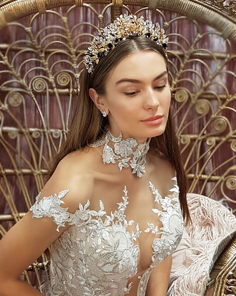 Elegant Wedding Crown with Pearls & Crystal Leaves – Diva Deluxe Bridal Tiara by Kezani | Perfect for Brides, Prom, Pageants & Special Occasions