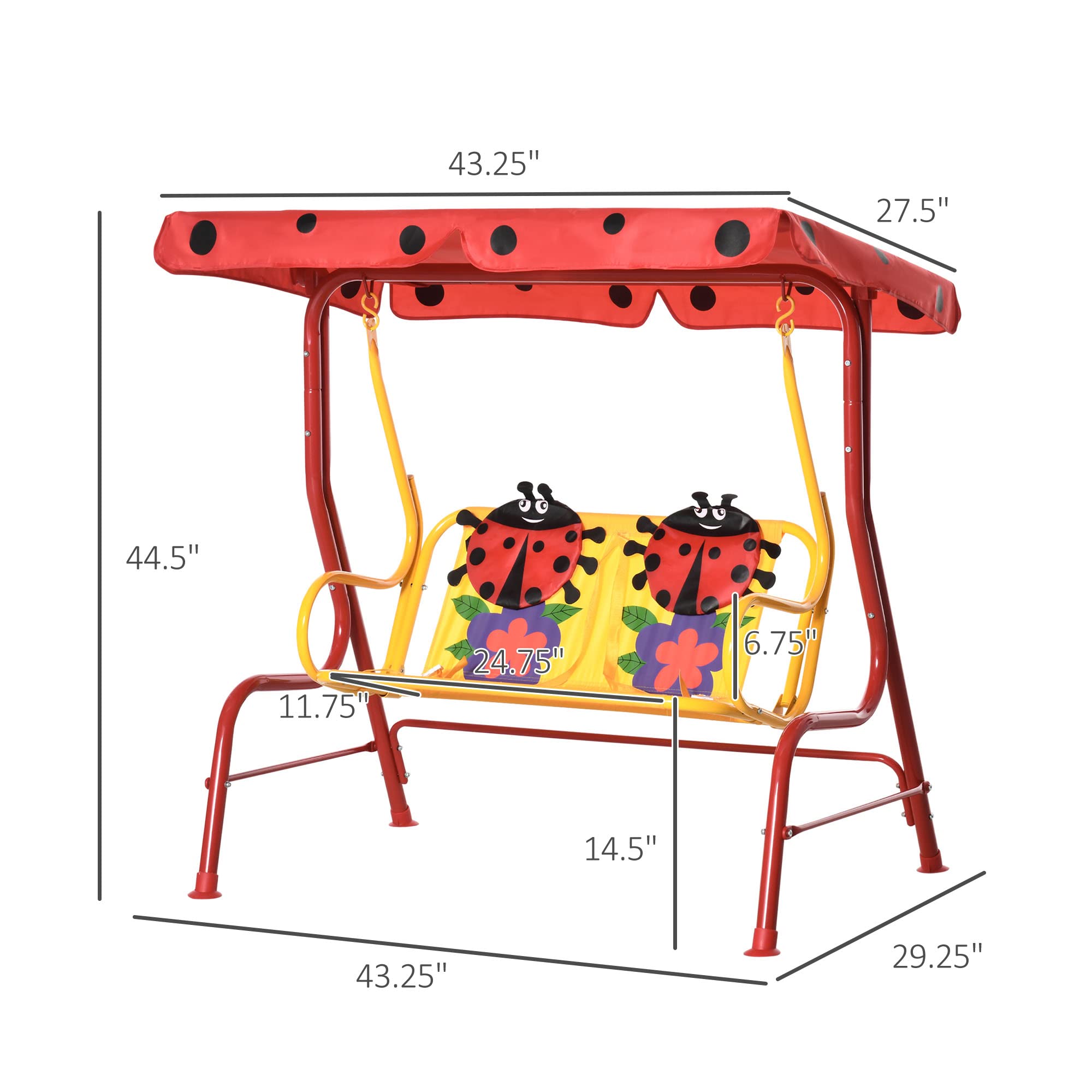 Outsunny Kids Porch Swing with Adjustable Sun Canopy & Safety Seatbelts - Ladybug-Themed Outdoor Swing Chair for Ages 3-6 (Red) | Perfect for Backyard, Patio & Garden Playtime