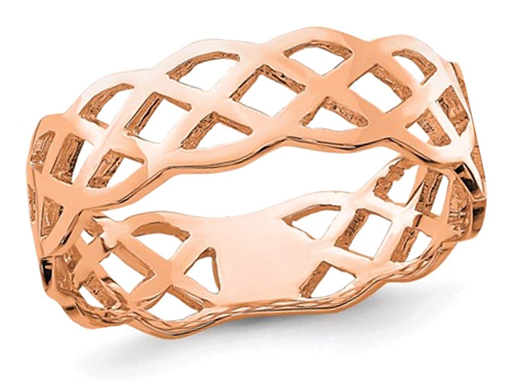 14K Rose Pink Gold Polished Weave Ring Band for Women - Elegant Stackable Wedding Engagement Promise Jewelry Gift for Anniversary, Valentine's Day & Special Occasions