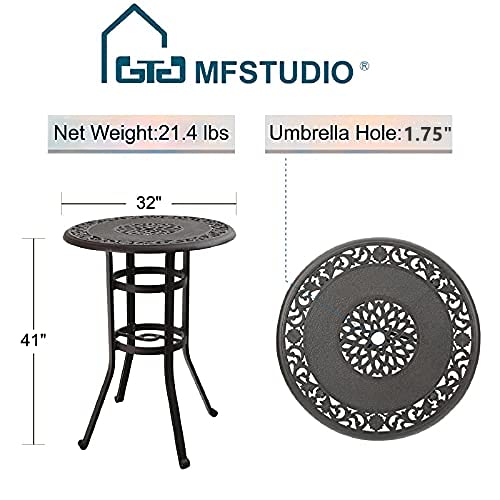 MFSTUDIO 32 Inch Round Cast Aluminum Bar Height Patio Table - 42 Inch Tall Outdoor Dining Table with 1.75 Inch Umbrella Hole - Perfect for Bistro, Backyard, Poolside, Garden, Deck - Rust-Resistant & Weatherproof (Brown)