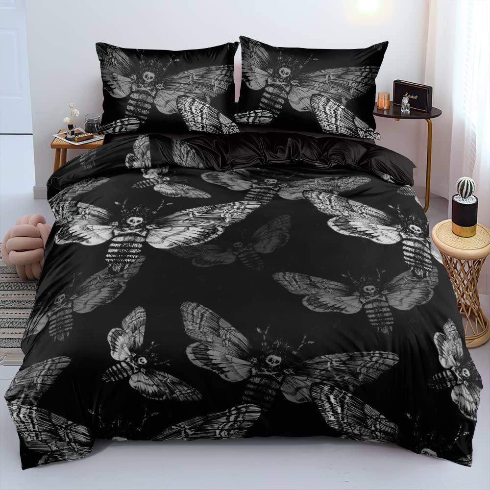 Gothic Skull Duvet Cover Set King Size - Black Skeleton Bones & Moth Print Bedding - Perfect for Teen Rooms, Halloween Decor & Dark Aesthetic Bedrooms