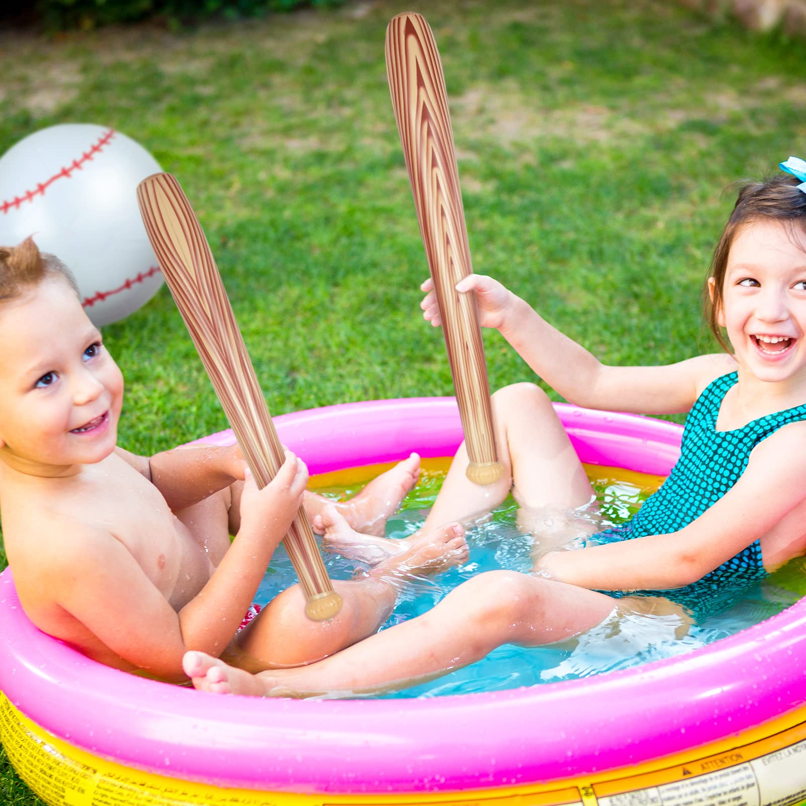 Lewtemi Set of 6 Inflatable Beach Baseball Toys - 2 Pcs 11 Inch Beach Balls & 4 Pcs Inflatable Bats for Kids Pool Games, Backyard Fun, Birthday Parties (Light Brown) - Perfect for Summer Outdoor Activities and Water Play