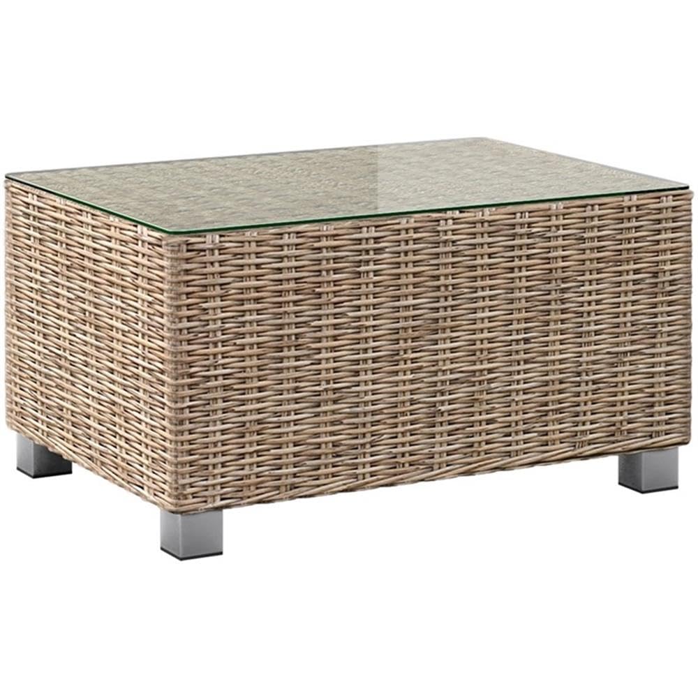 Outdoor Patio Rectangle Coffee Table with Glass Top in Almond Wicker - Perfect for Garden, Balcony, and Poolside Relaxation