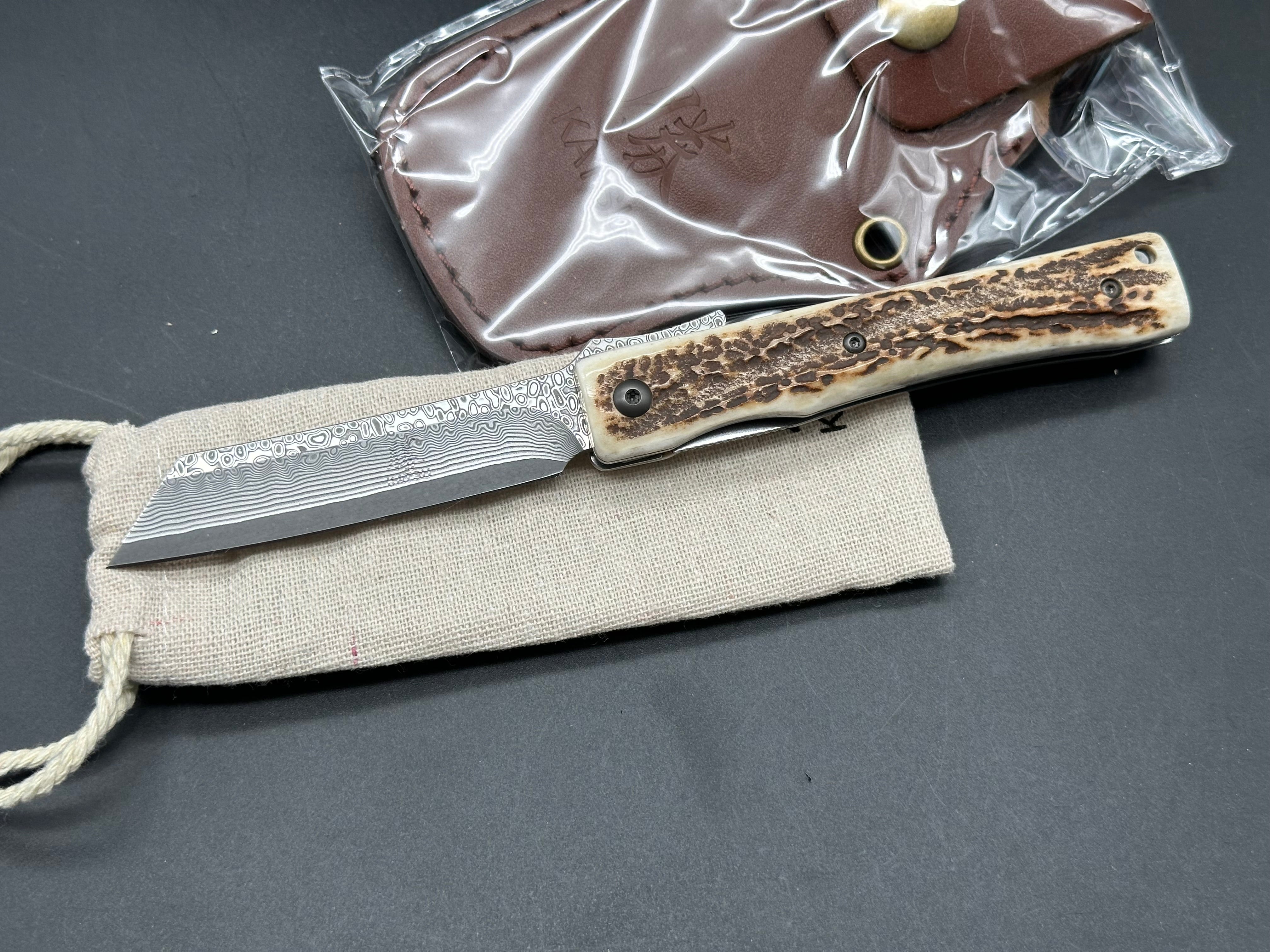 KATSU JDA01 Genuine Deer Antler Handle Hunting Knife with Damascus Steel Blade & Leather Sheath - Perfect for Outdoor Camping, Bushcraft, and Survival Activities