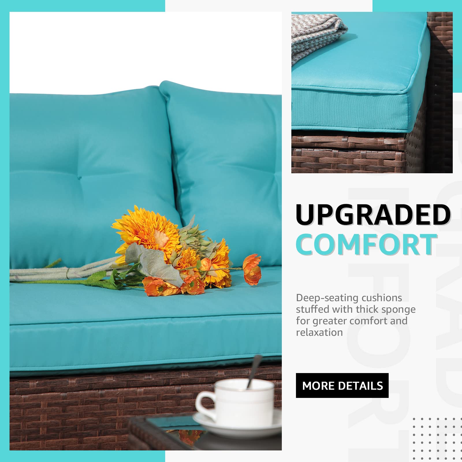 OC Orange-Casual 3-Piece All-Weather Patio Furniture Set - Outdoor Wicker Sectional Sofa with Glass Coffee Table & Turquoise Cushions - Brown Rattan Loveseat for Deck, Balcony, Porch, Garden & Backyard Relaxation