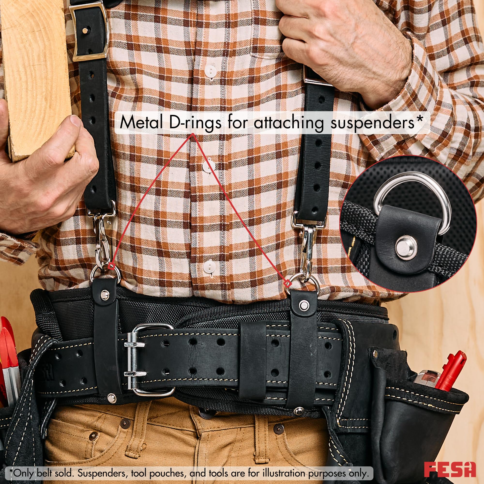 FESA Men's Padded Tool Belt with Leather Back Support - Breathable Nylon Padding Work Belt for Electricians & Construction Workers (35