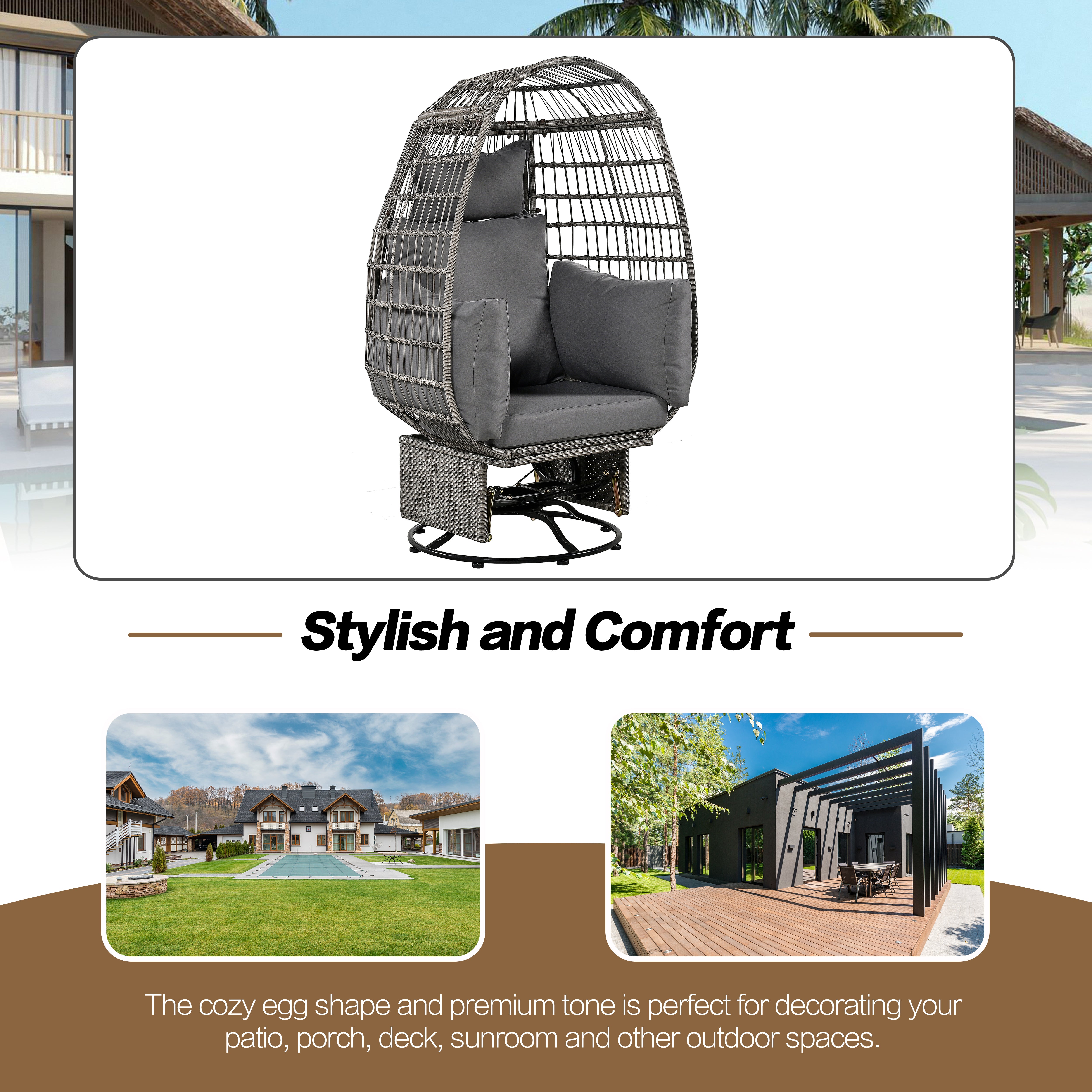 Outdoor Swivel Rocking Chair with Cushions - Rattan Egg Patio Chair for Balcony, Poolside, Garden - Perfect for Relaxing, Lounging & Sunbathing