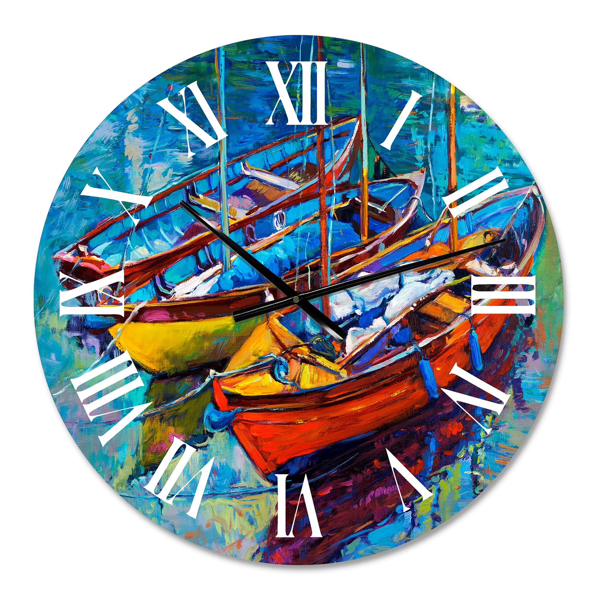 DesignQ Nautical & Coastal Wall Clock - 'Three Boats in The Harbor' Blue Round Wall Clock for Bedroom, Living Room & Office Decor | Perfect for Beach House, Coastal & Marine Theme Interior Design