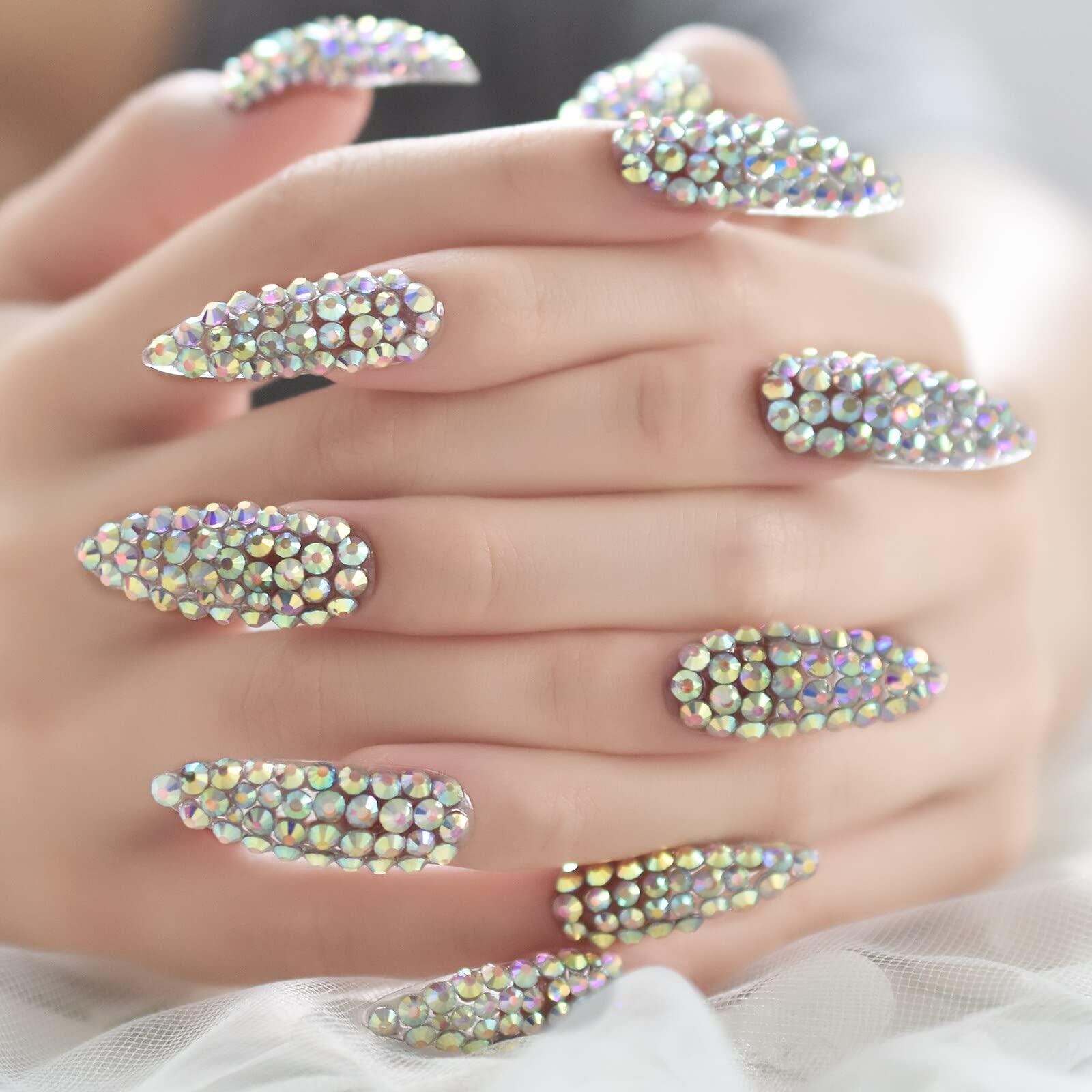 Luxury 24pcs Full Cover 3D Rhinestone Press on Nails - Super Long Stiletto False Nails for Women | Salon Quality Manicure | Reusable Fake Nail Art Tips | Perfect for Parties, Weddings, and Special Occasions