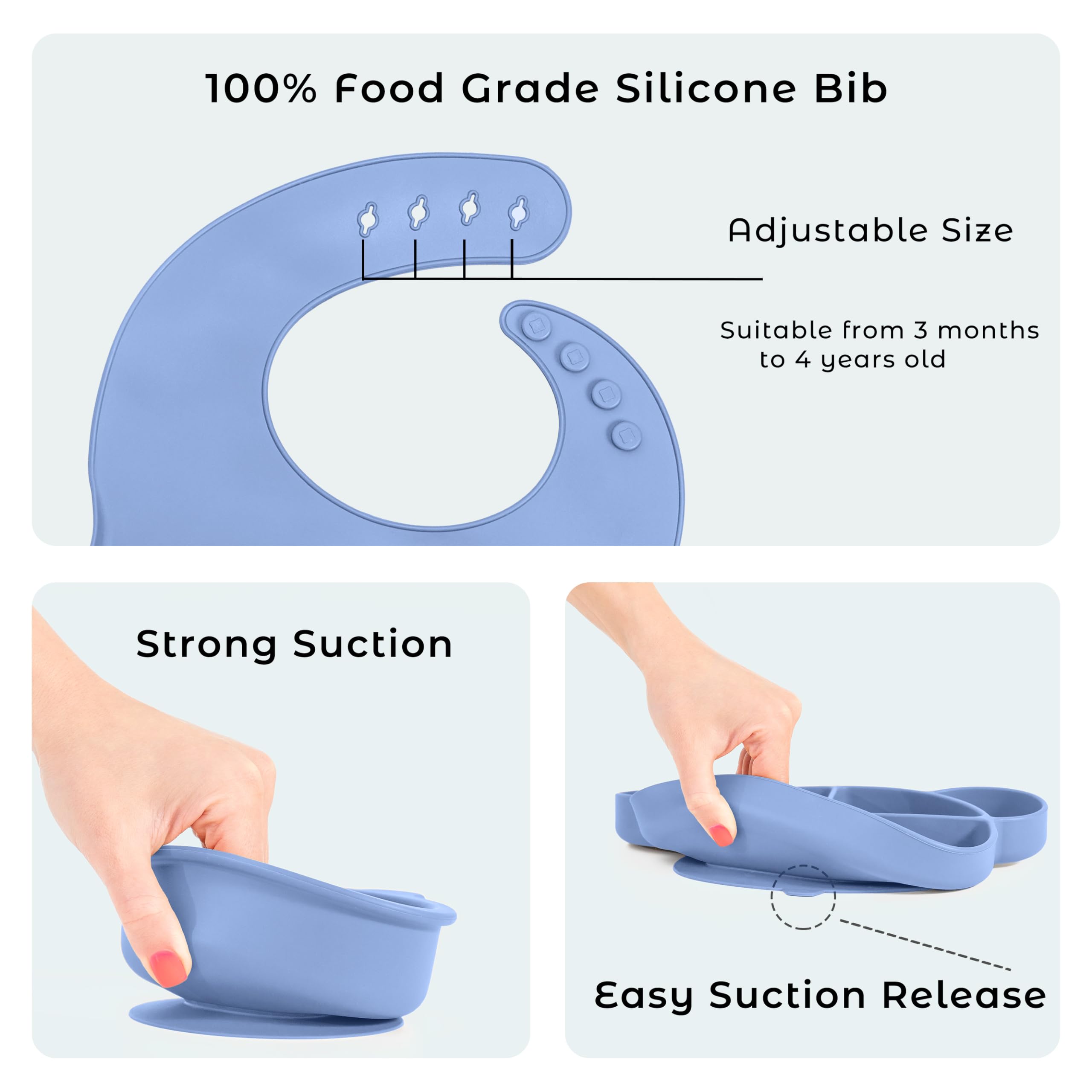 Complete Silicone Baby-Led Weaning Set - 15-Piece Animal-Themed Toddler Feeding Essentials with Bib, Suction Plate, Bowl, Forks, Spoons, Sippy Cup & Straws | Safe, BPA-Free | Perfect for Mess-Free Meals, Self-Feeding Practice & Travel (Baby Blue)