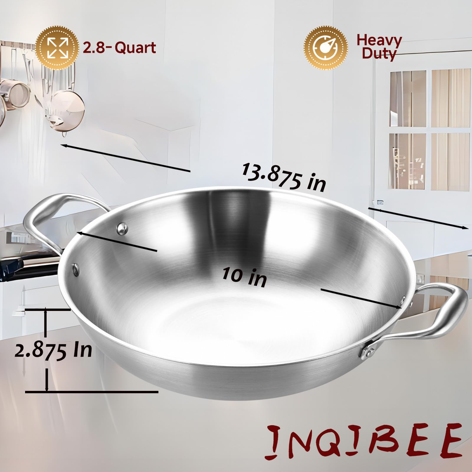 Inqibee 10-Inch Tri-Ply Stainless Steel Wok Pan with Lid - Small Stir Fry Pan, Jumbo Cooker - Induction Compatible, Dishwasher & Oven Safe - Perfect for Asian Cooking, Stir Frying, Sautéing & Deep Frying