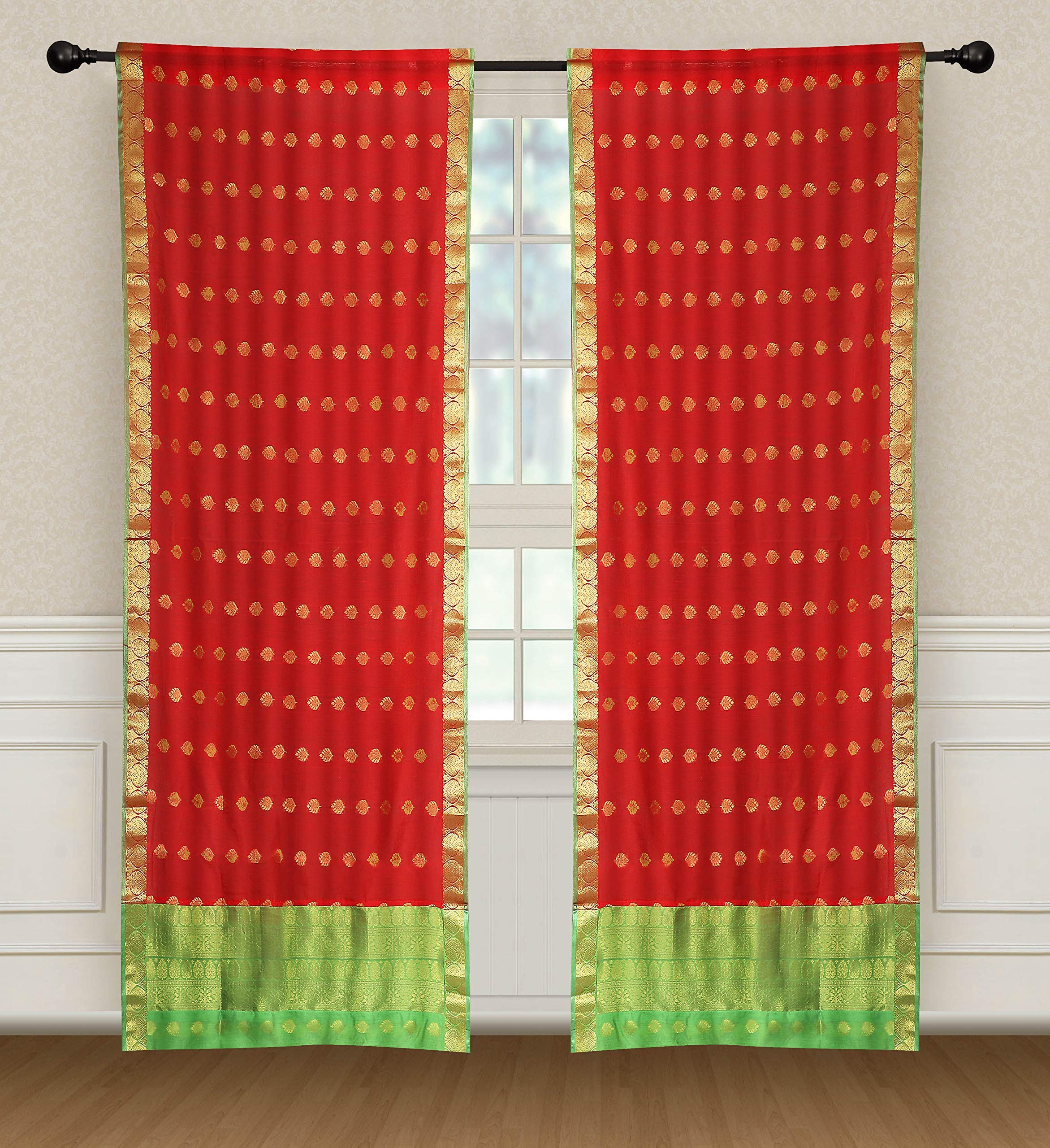 2 Panel Red Bohemian Indian Sari Curtains with Rod Pocket - 43 Inch Wide x 108 Inch Long for Living Room, Bedroom & Dining Room Decor