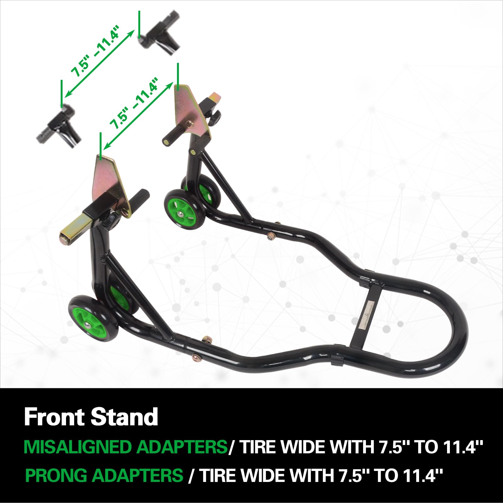 MOTO4U Universal Motorcycle Front & Rear Wheel Lift Stand Combo - Paddock Stand with Swingarm Spool for Sportbikes (Green Wheel) - Perfect for Garage Maintenance, Tire Changes & Bike Storage