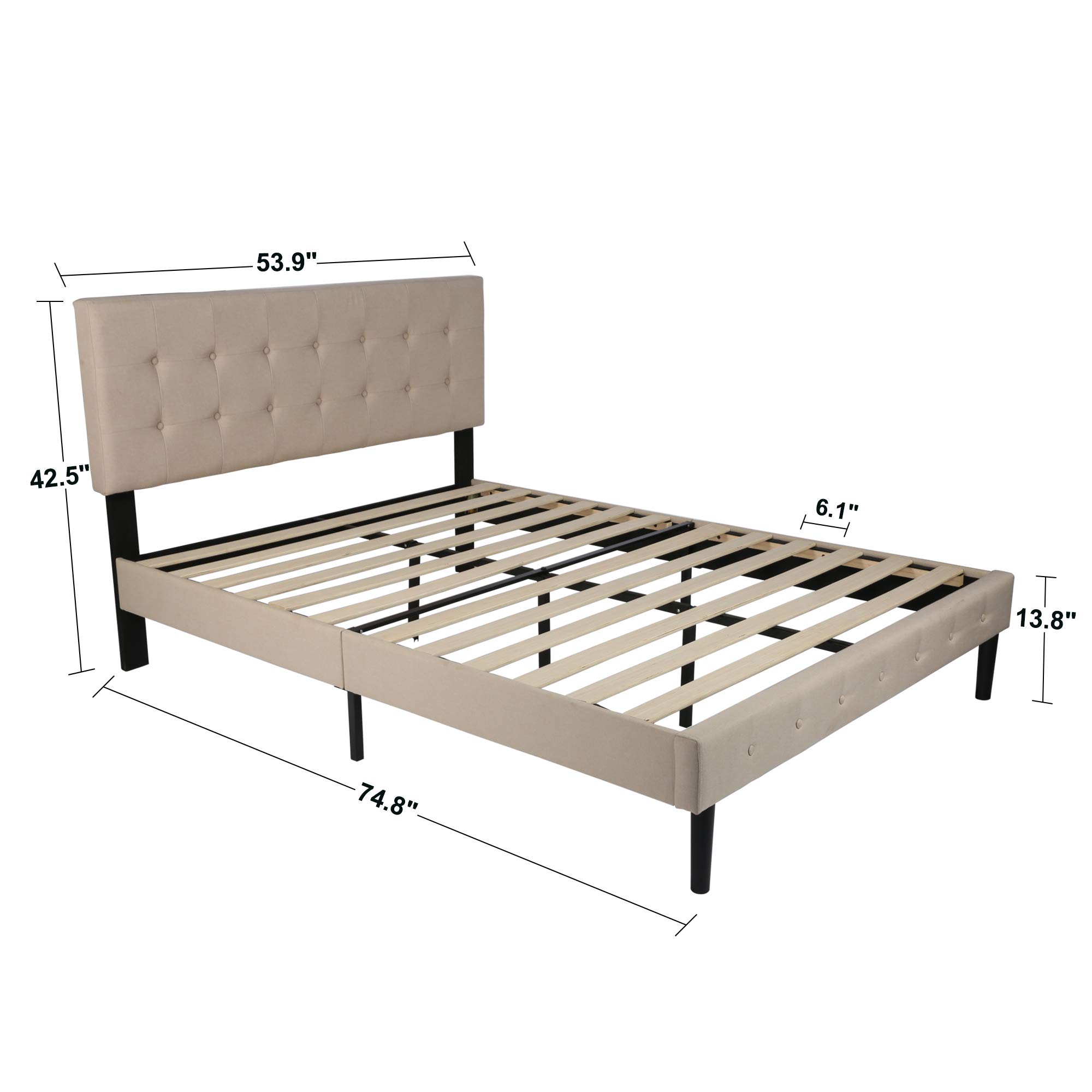 14 Inch Upholstered Platform Bed Frame with Headboard - Full Size Wood Slat Support Mattress Foundation, No Box Spring Needed, Beige Fabric - Perfect for Modern Bedrooms, Guest Rooms & Small Spaces