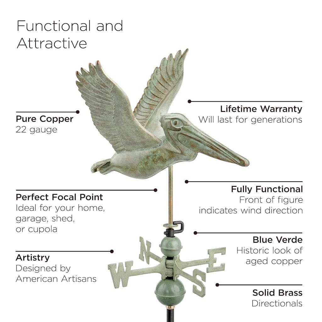 Good Directions Pelican Weathervane in Blue Verde Copper - Handcrafted Outdoor Garden Decor for Coastal & Nautical Themed Homes