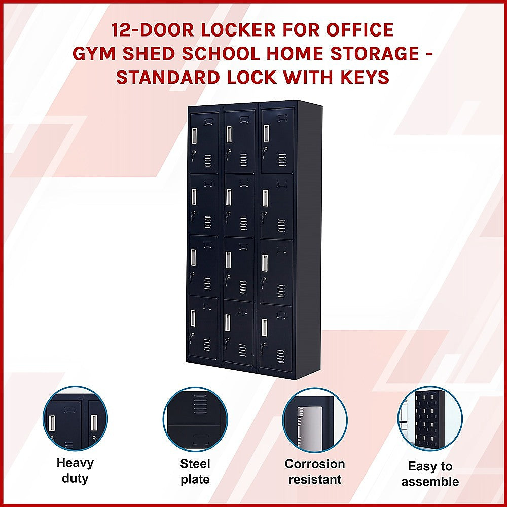 12-Door Locker with Standard Lock & Keys - Heavy Duty Metal Storage Cabinet for Office, Gym, School, Home & Shed - Ideal for Secure Equipment, Personal Belongings & Sports Gear Storage